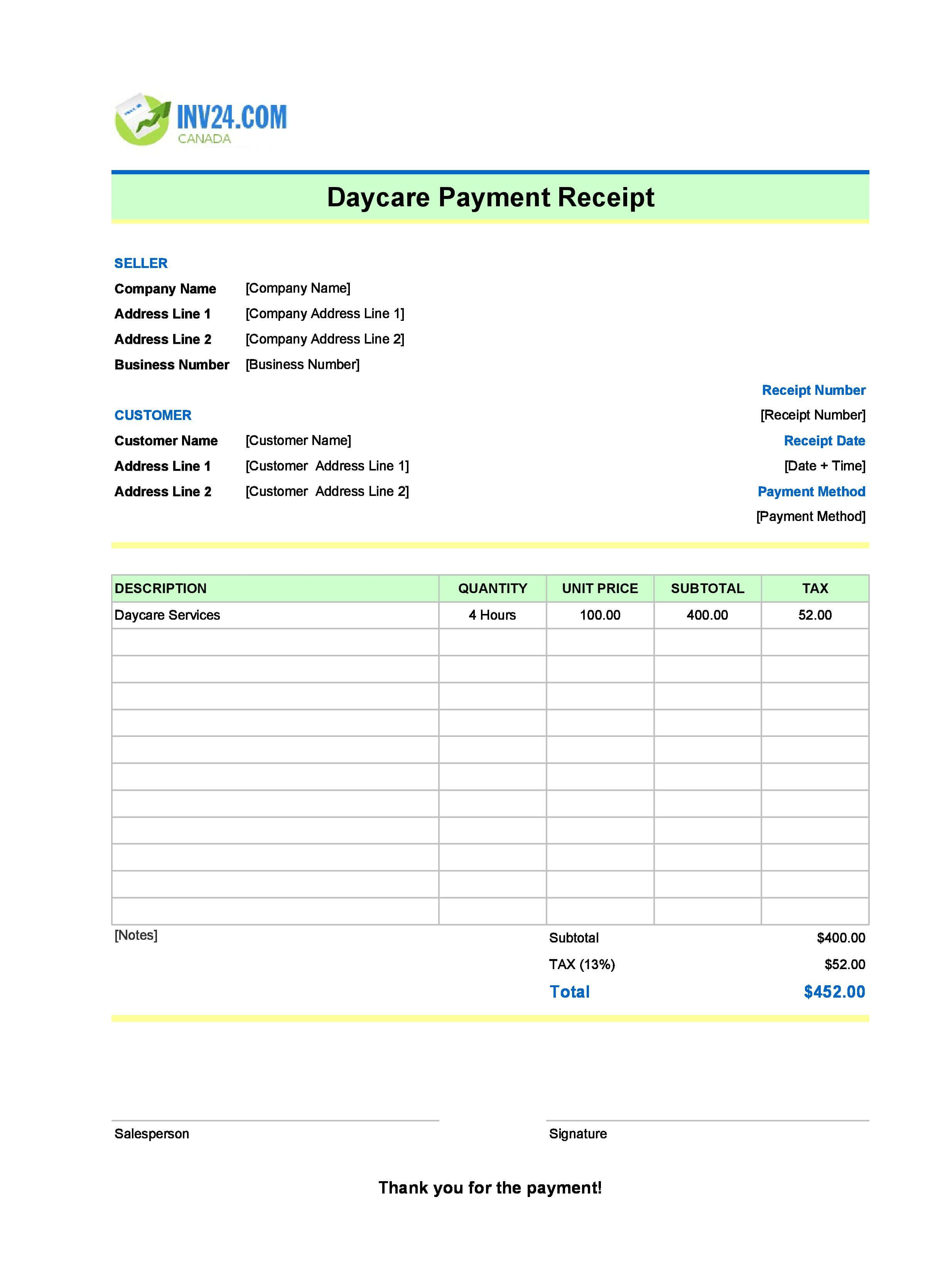 Daycare Payment Receipt Template for Canada (Excel / Google Sheets)