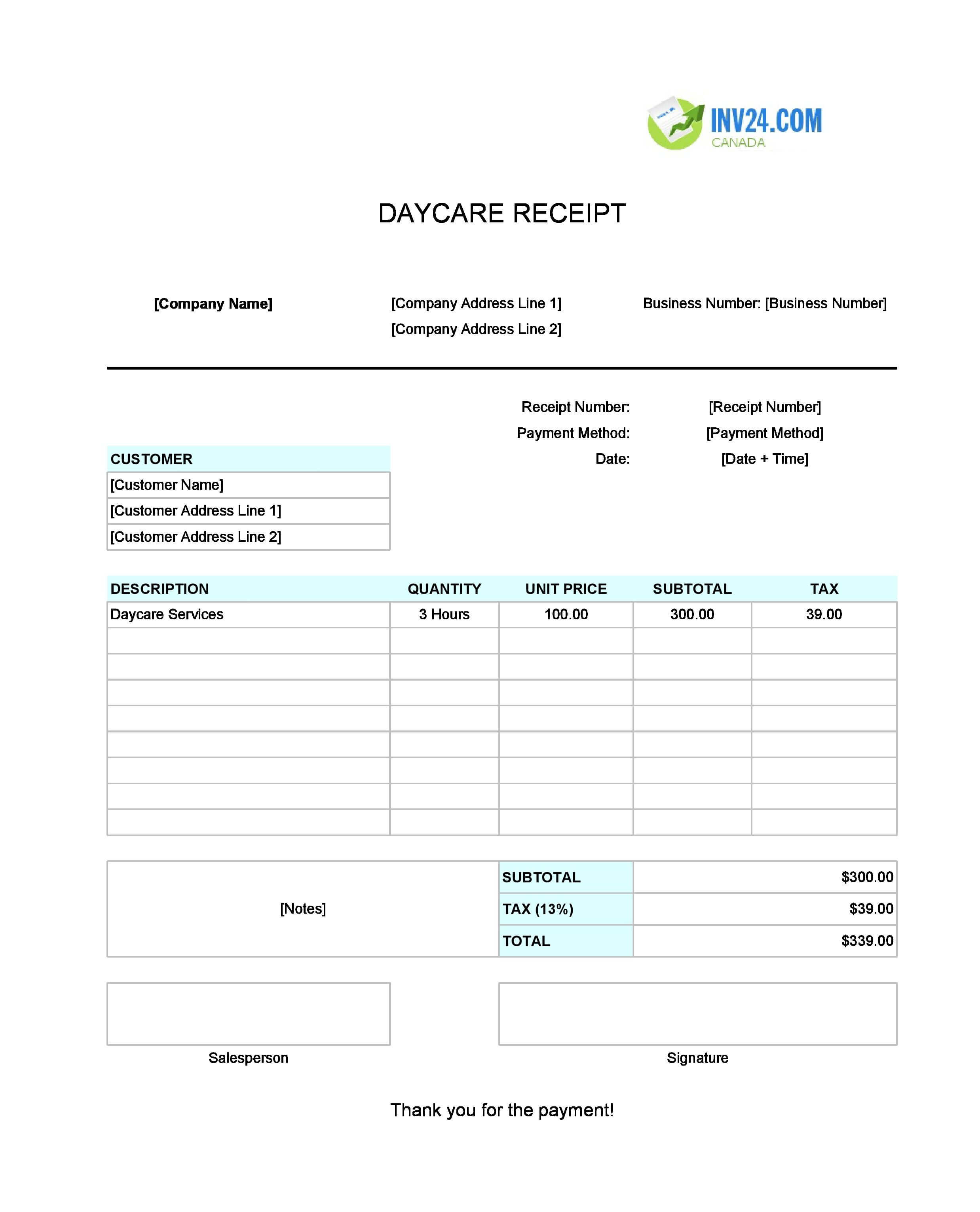 Daycare Receipt Template for Canada (Excel / Google Sheets)