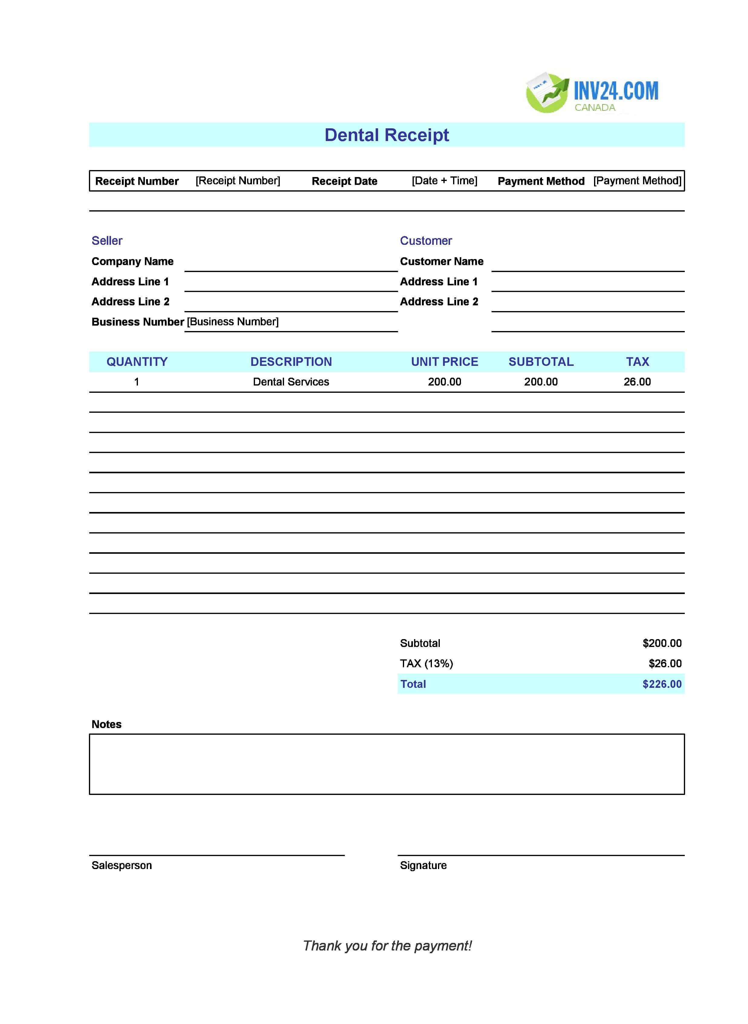 Dental Receipt Template for Canada (Excel / Google Sheets)