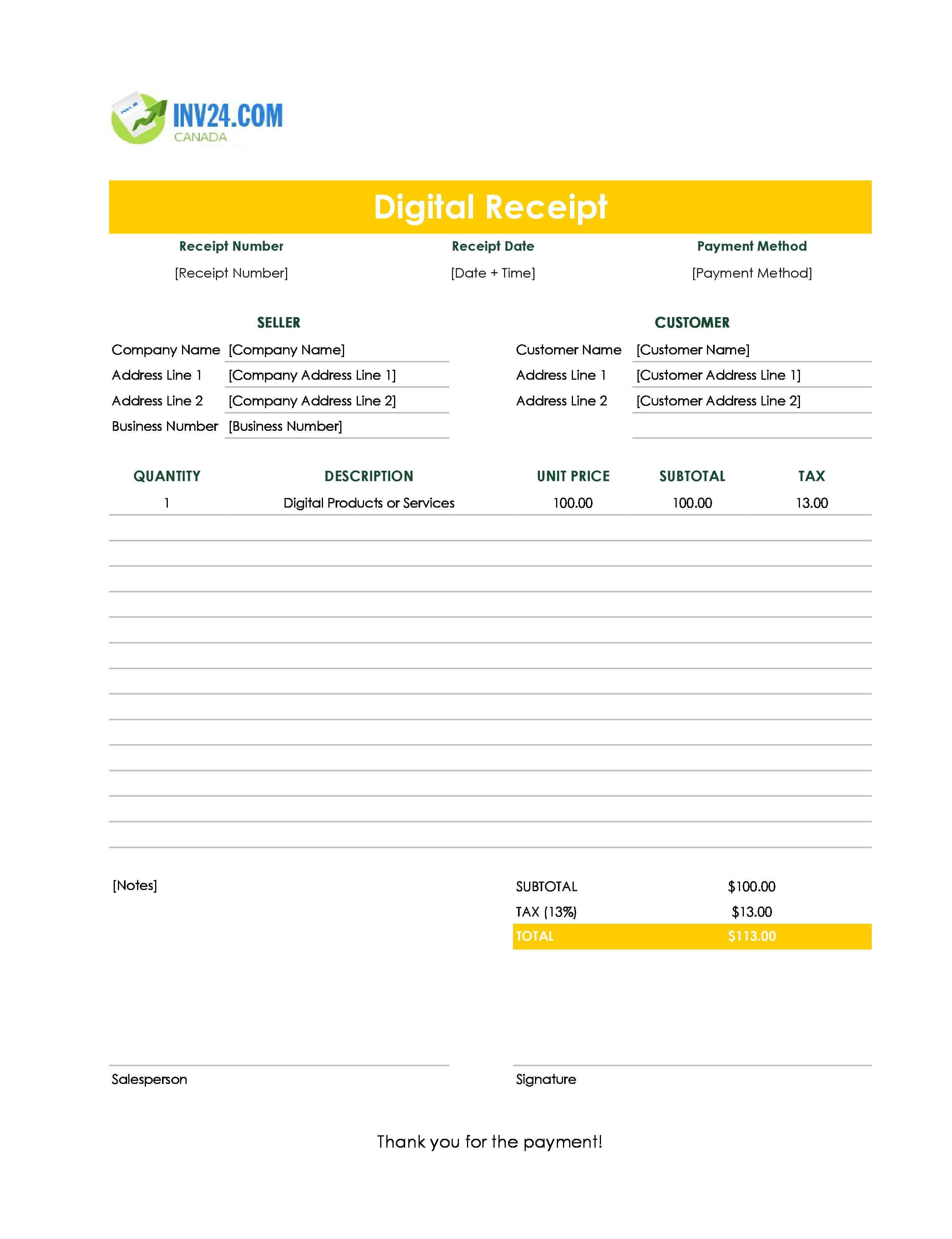 Digital Receipt Template for Canada (Excel / Google Sheets)