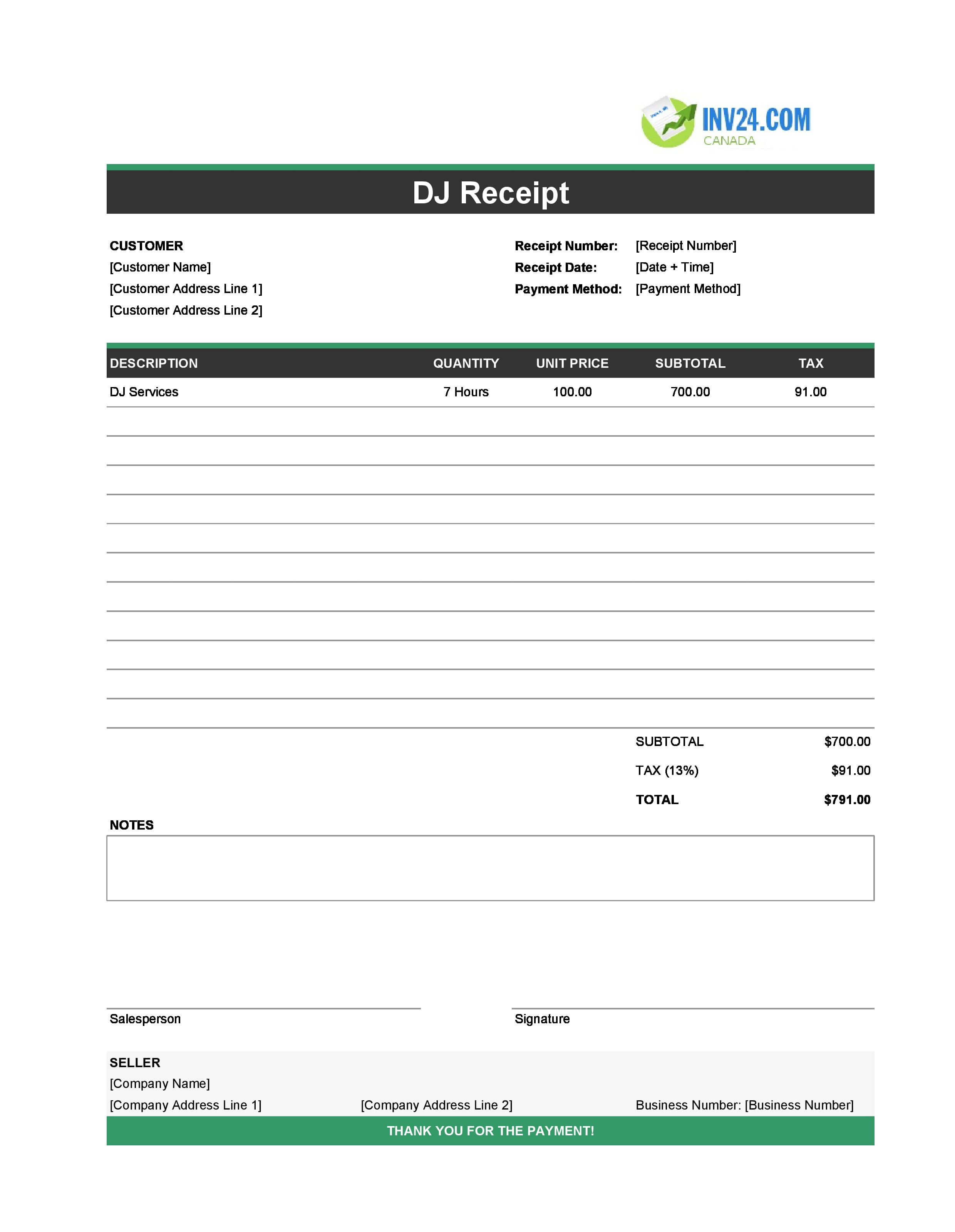 DJ Receipt Template for Canada (Excel / Google Sheets)