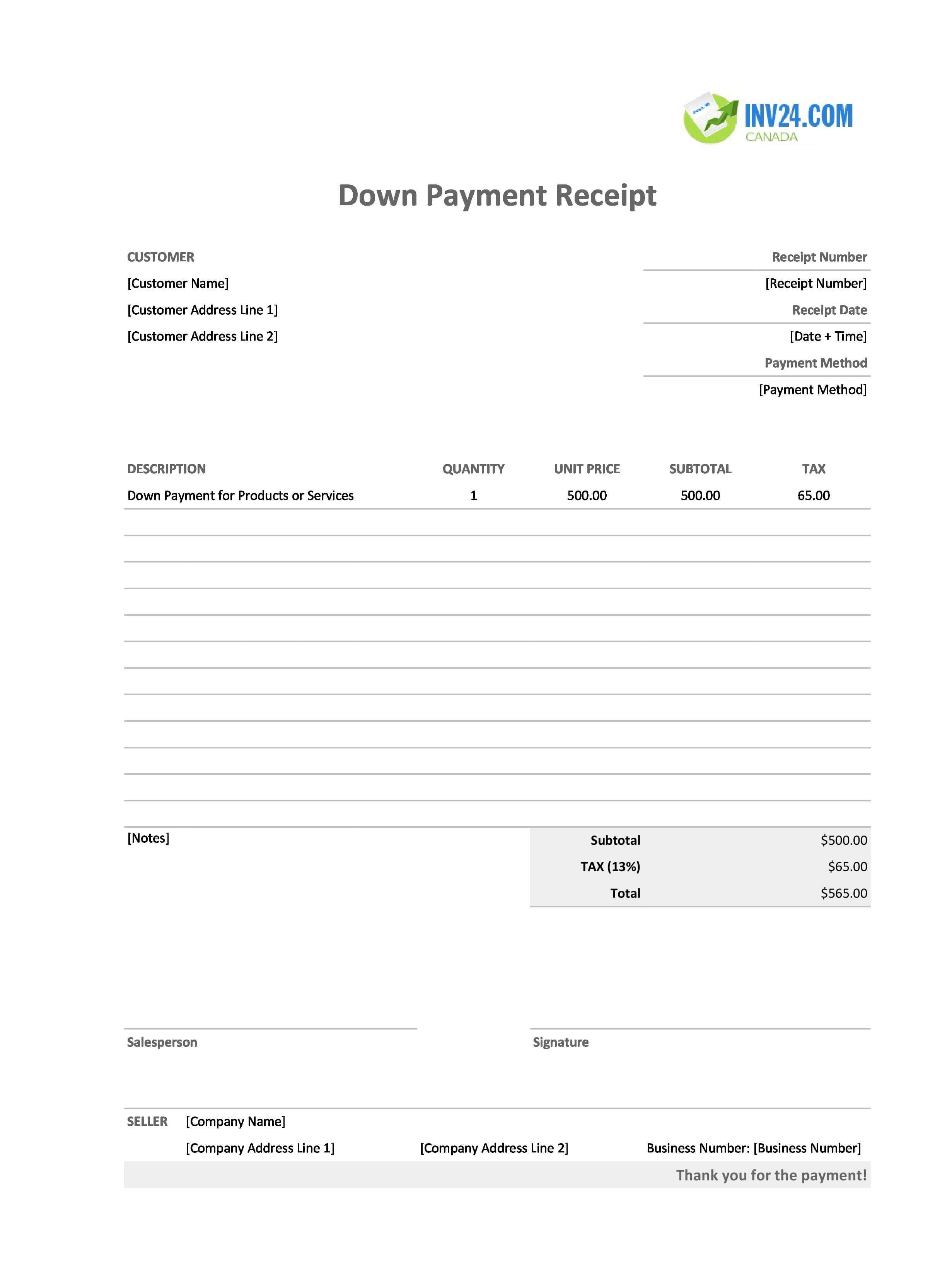 Down Payment Receipt Template for Canada (Excel / Google Sheets)