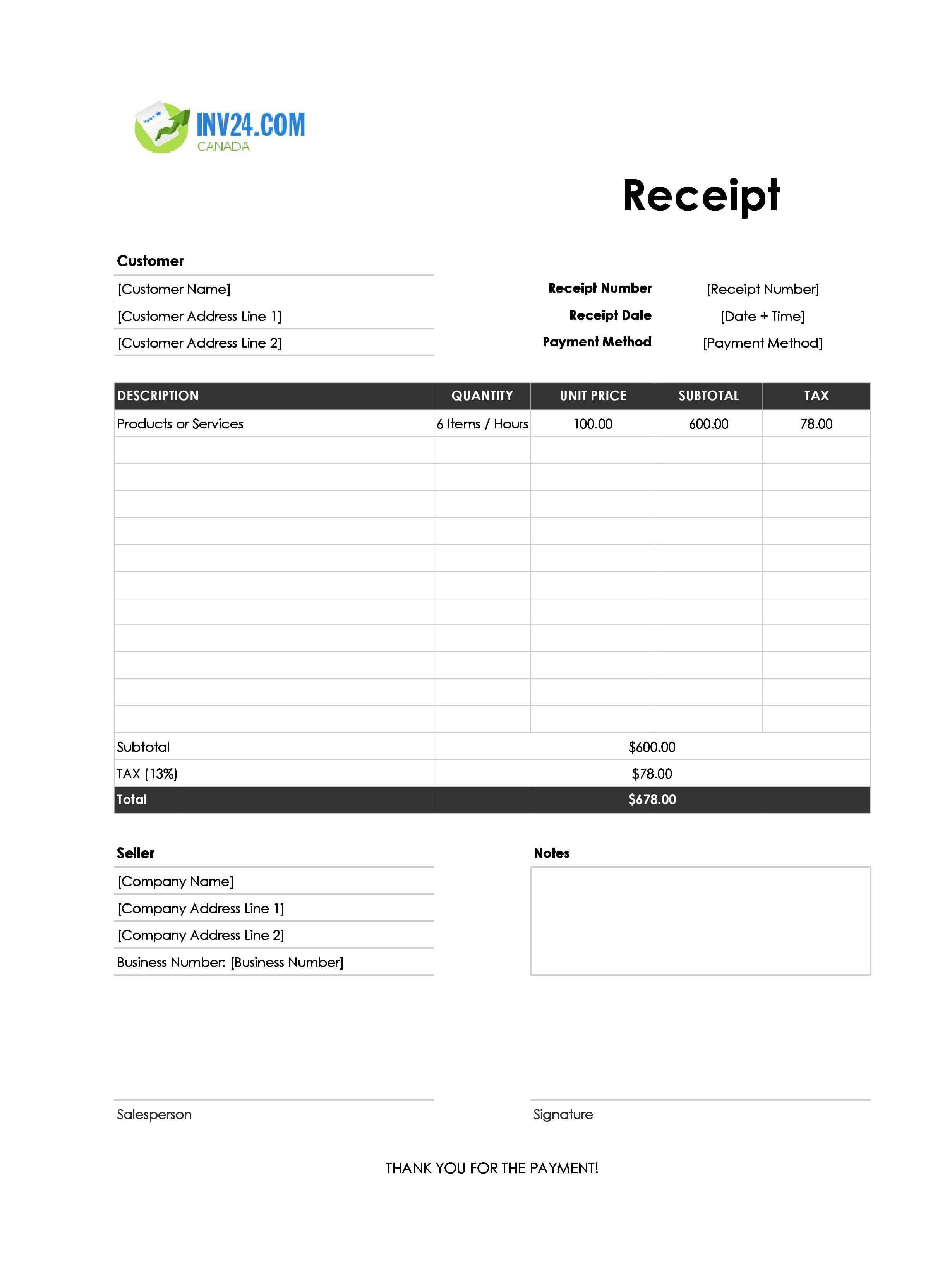 Easy Receipt Template for Canada (Excel / Google Sheets)