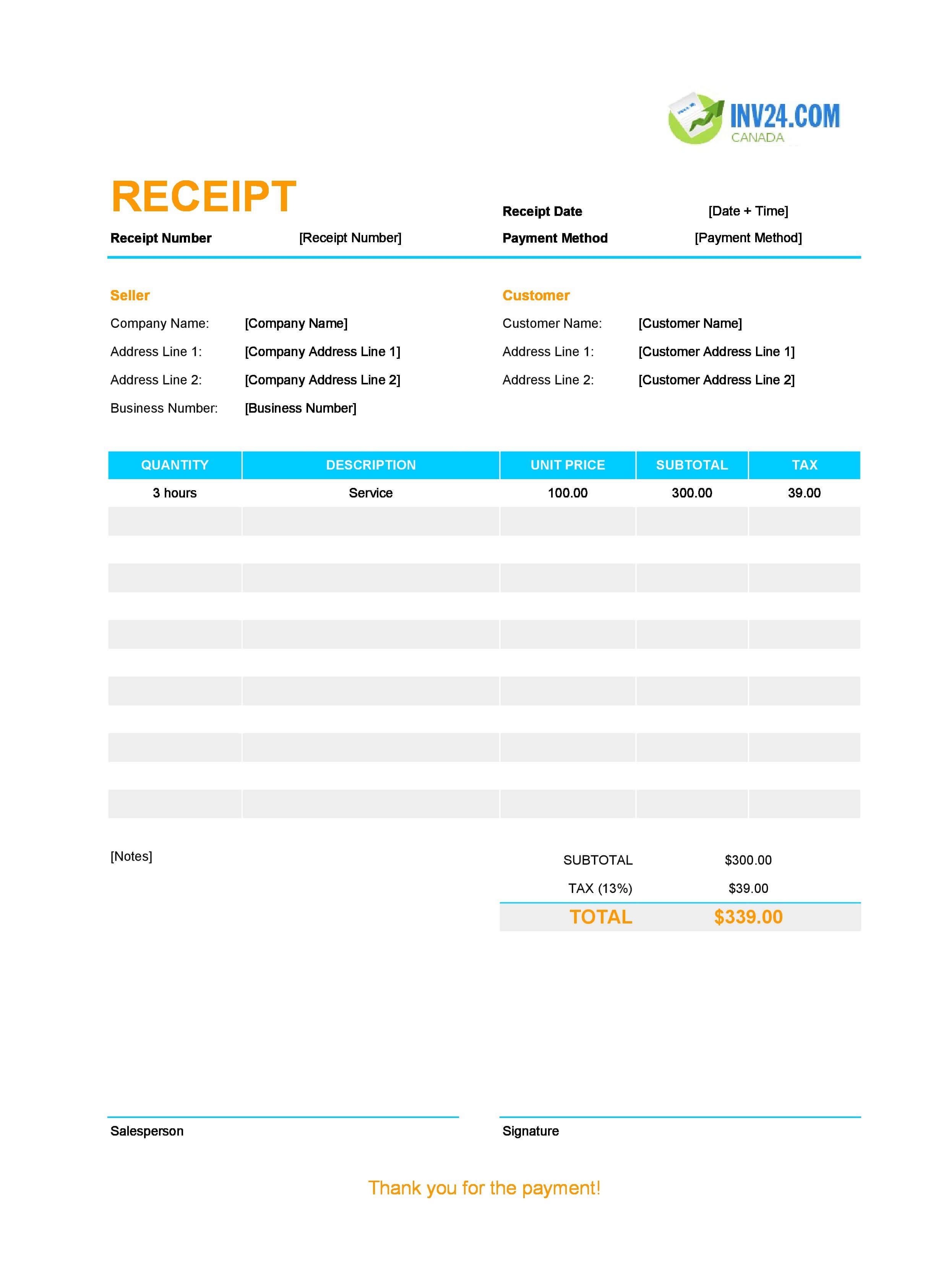 Editable Receipt Template for Canada (Excel / Google Sheets)
