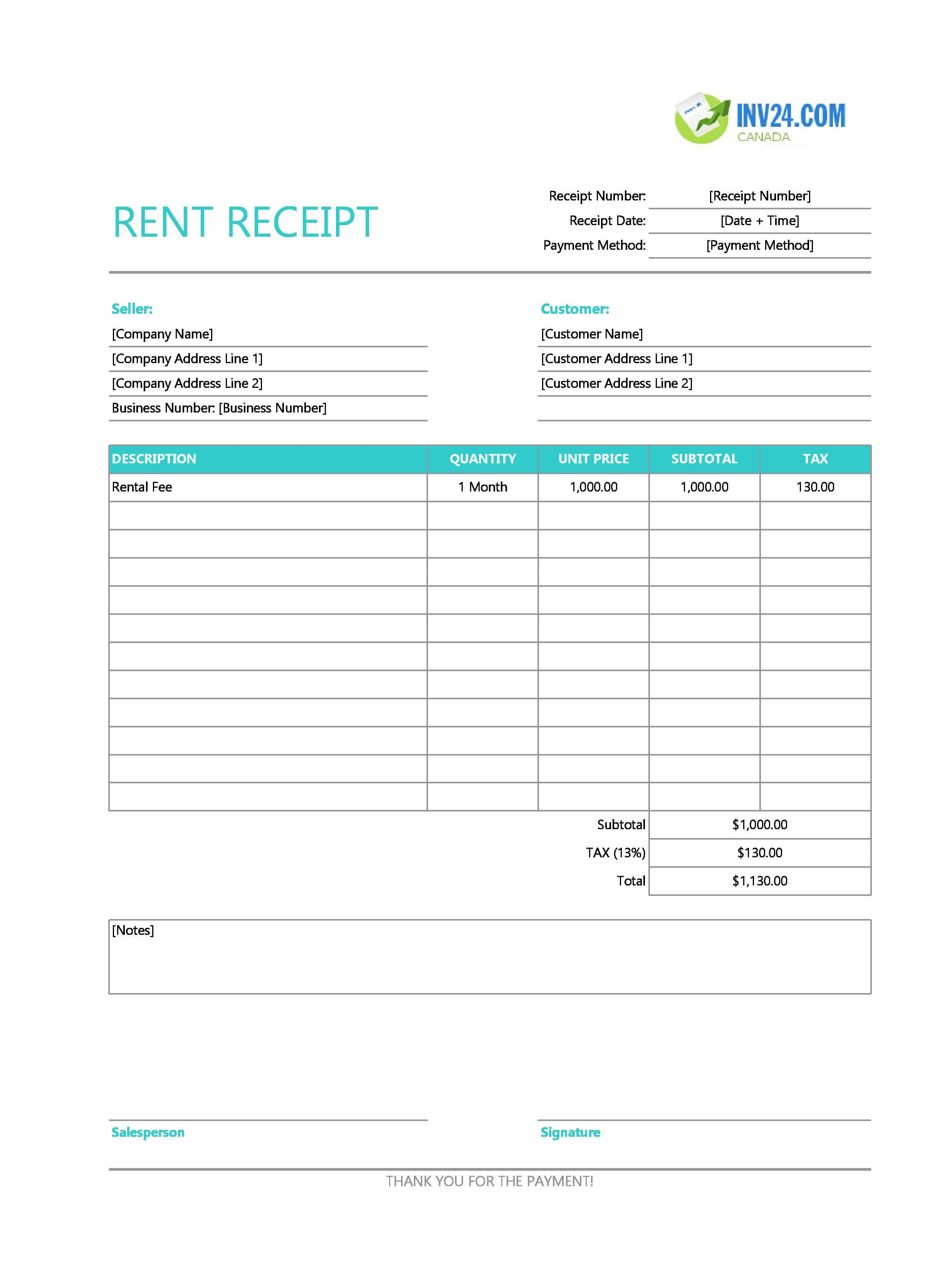 Editable Rent Receipt Template for Canada (Excel / Google Sheets)