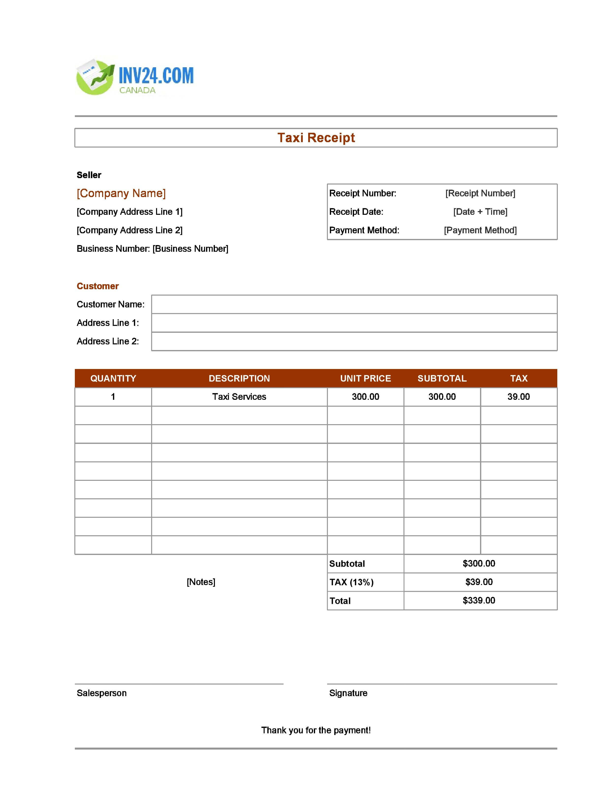 Editable Taxi Receipt Template for Canada (Excel / Google Sheets)