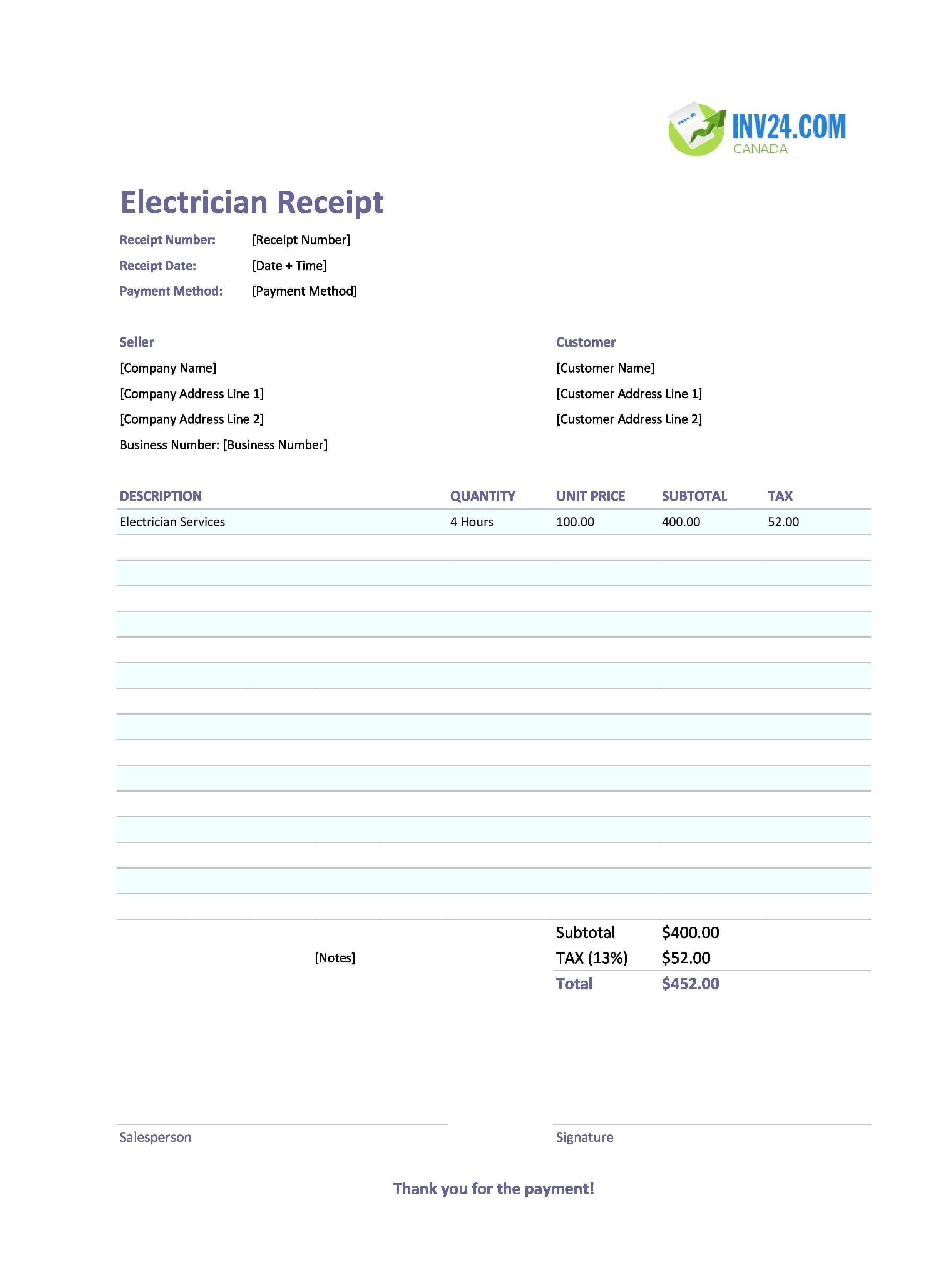 Electrician Receipt Template for Canada (Excel / Google Sheets)