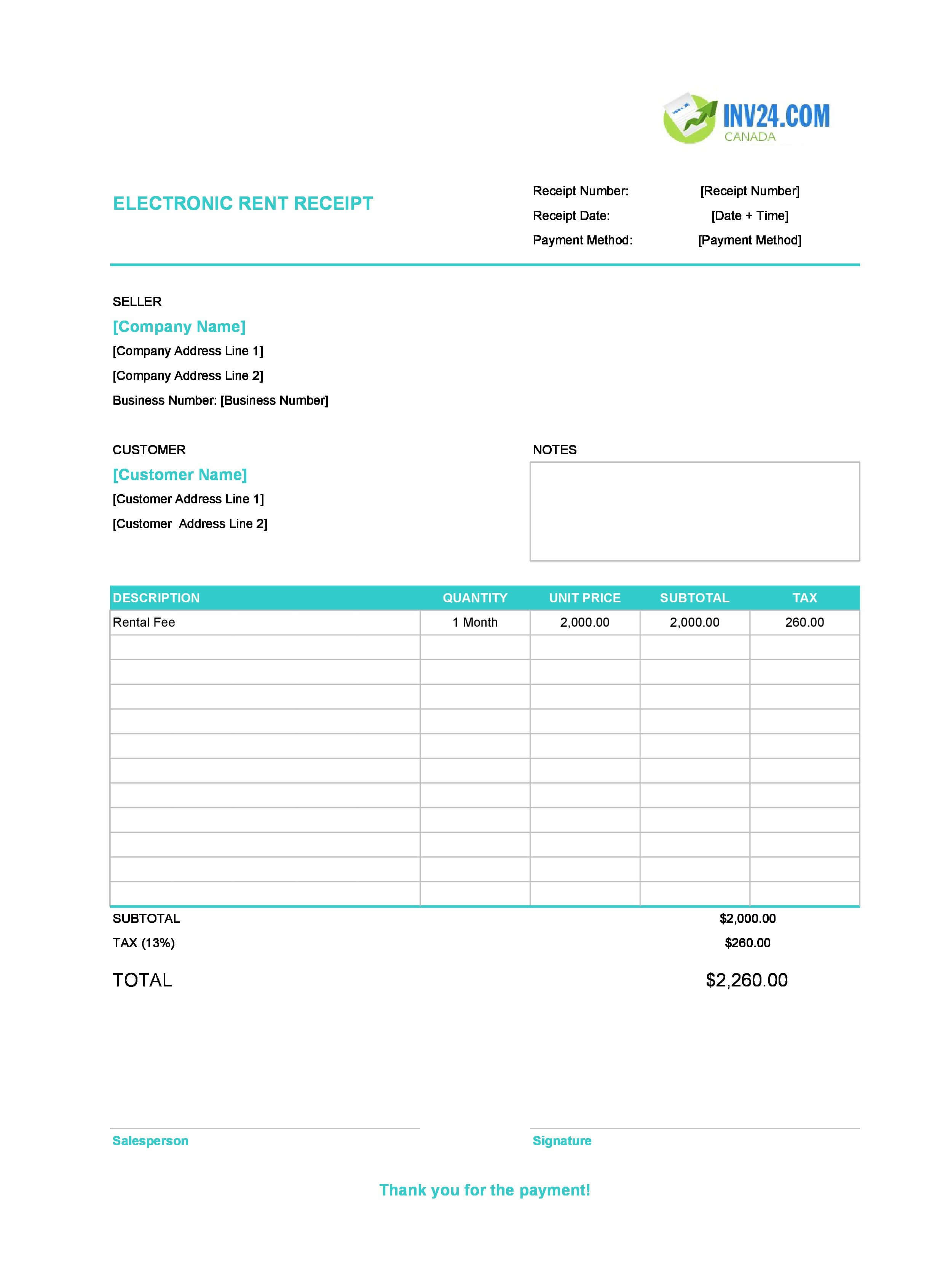 Electronic Rent Receipt Template for Canada (Excel / Google Sheets)