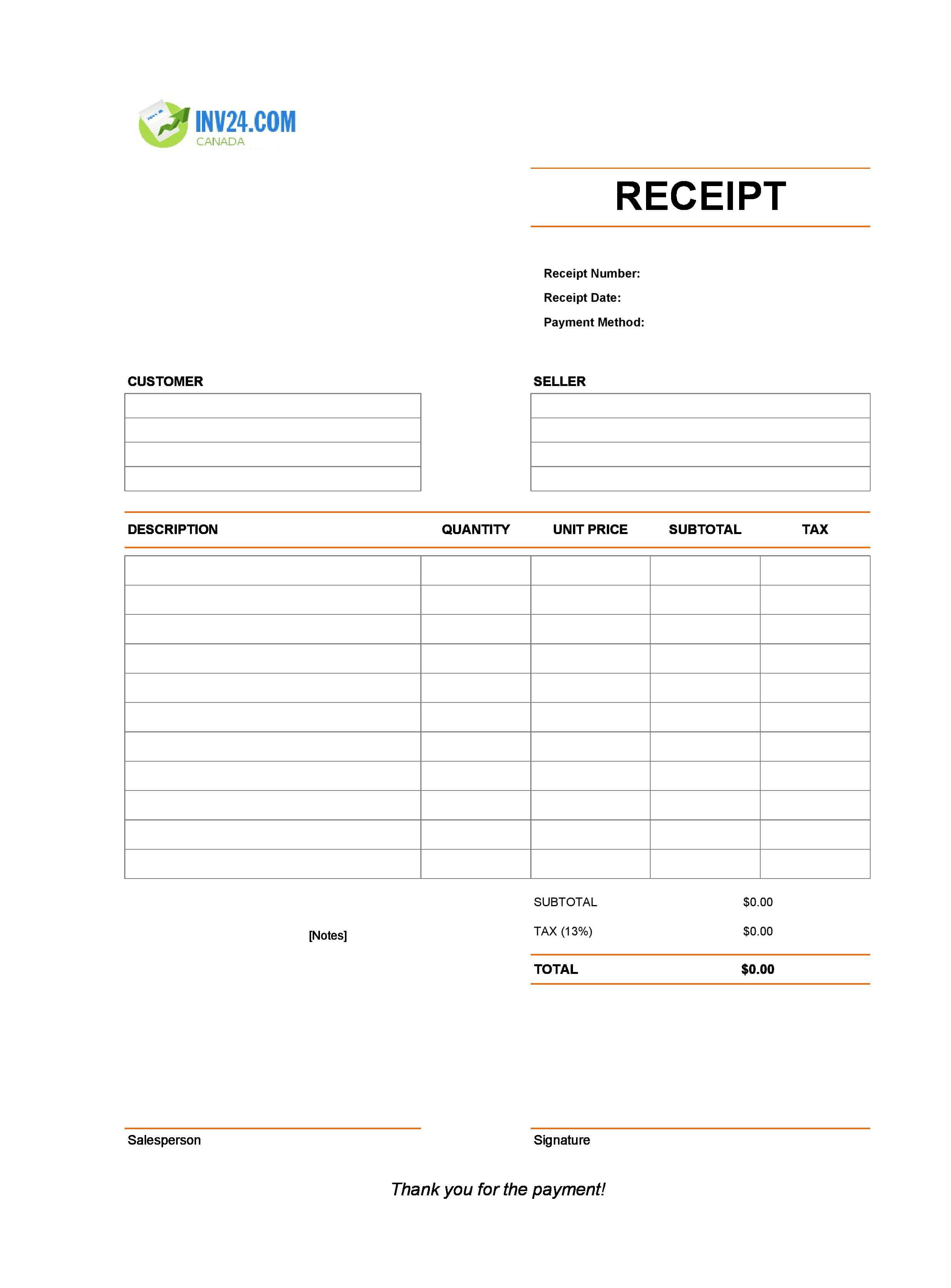 Empty Receipt Template for Canada (Excel / Google Sheets)