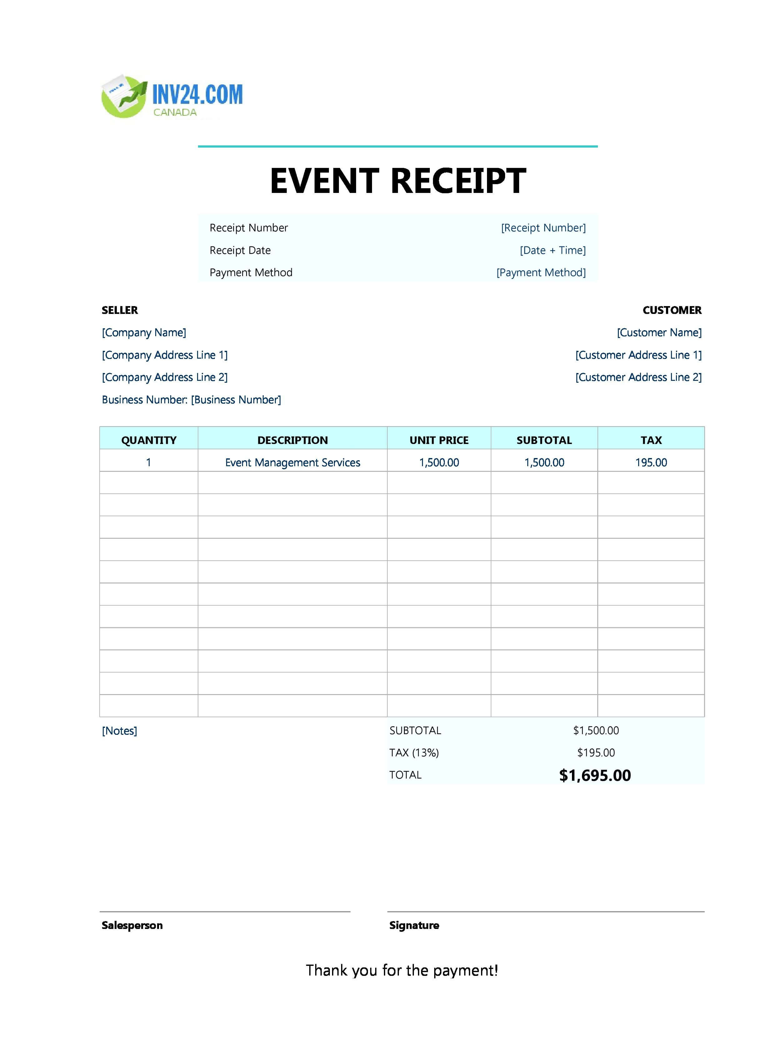 Event Receipt Template for Canada (Excel / Google Sheets)
