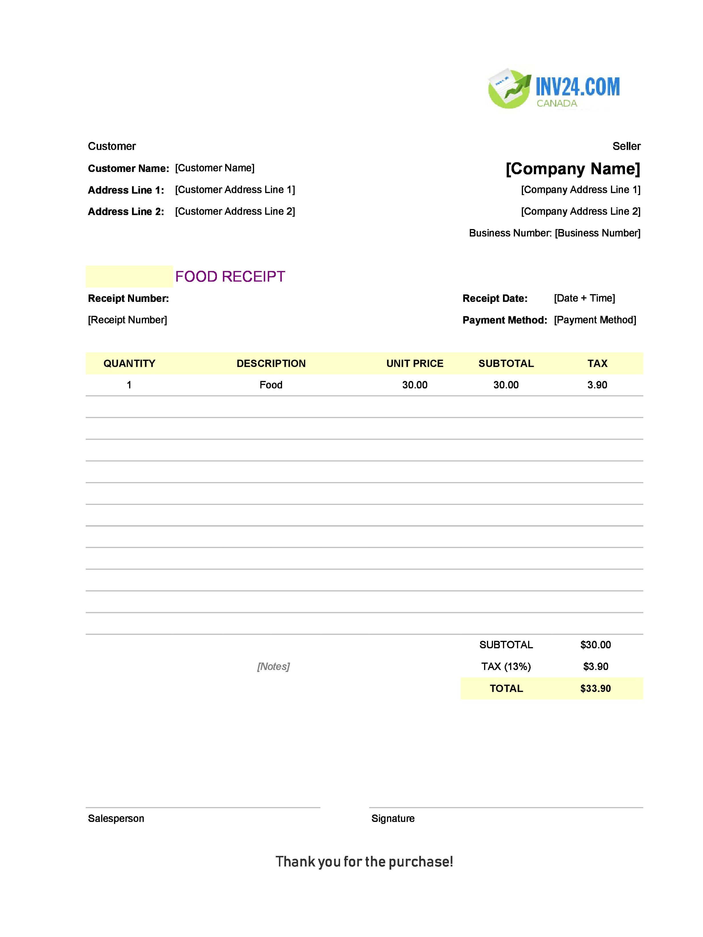 Food Receipt Template for Canada (Excel / Google Sheets)