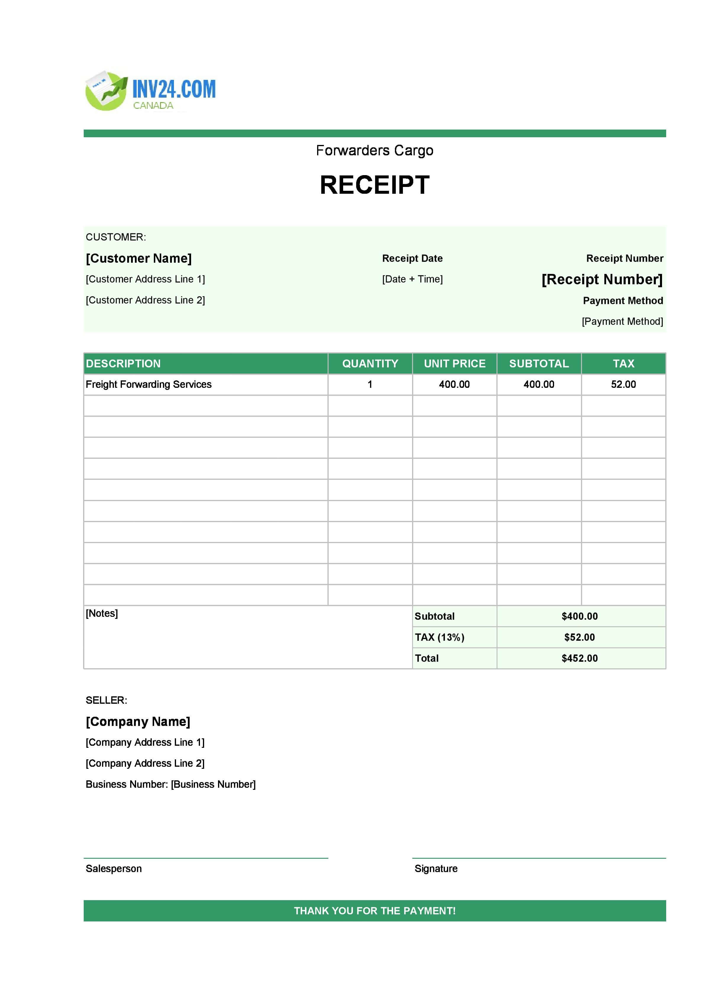 Forwarders Cargo Receipt Template for Canada (Excel / Google Sheets)