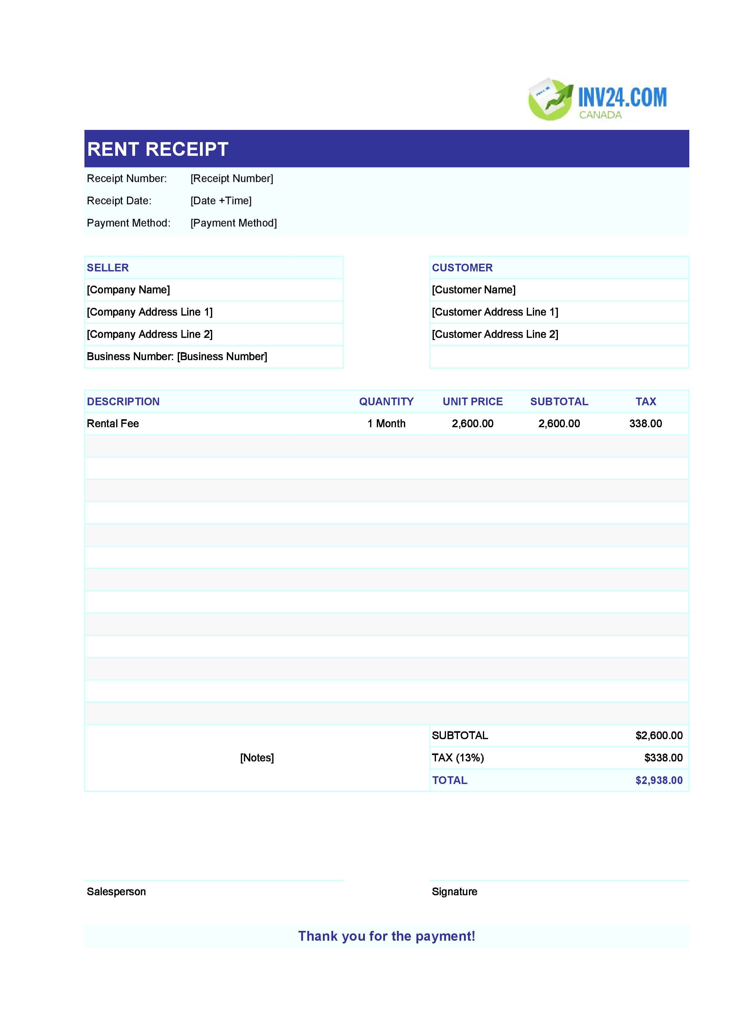 Free Rent Receipt Template for Canada (Excel / Google Sheets)