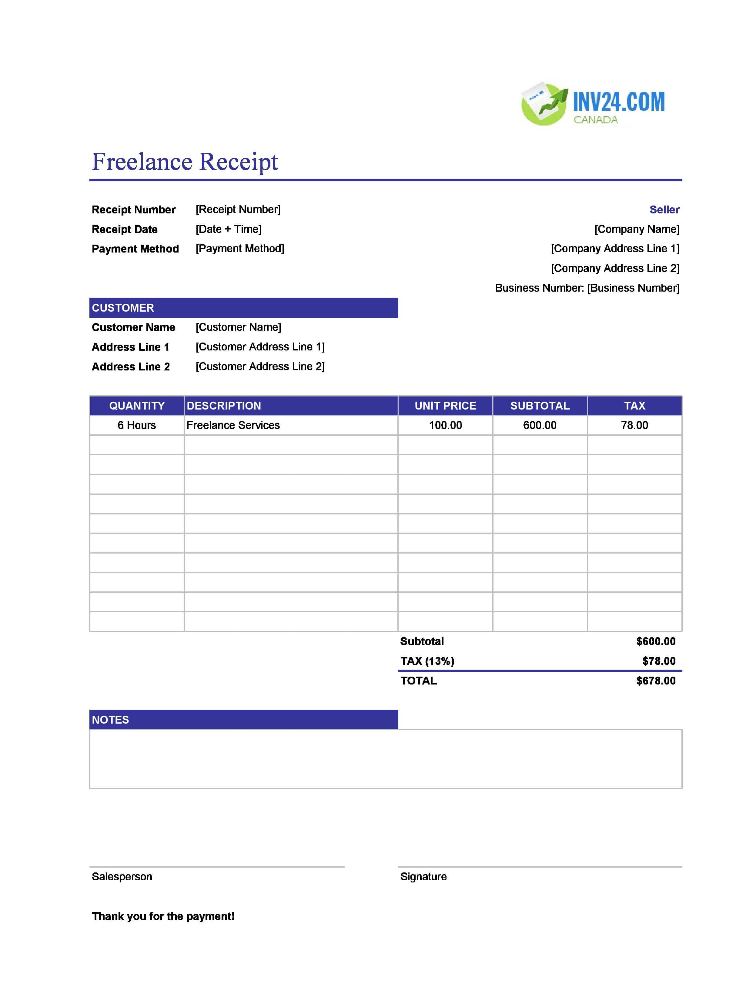 Freelance Receipt Template for Canada (Excel / Google Sheets)