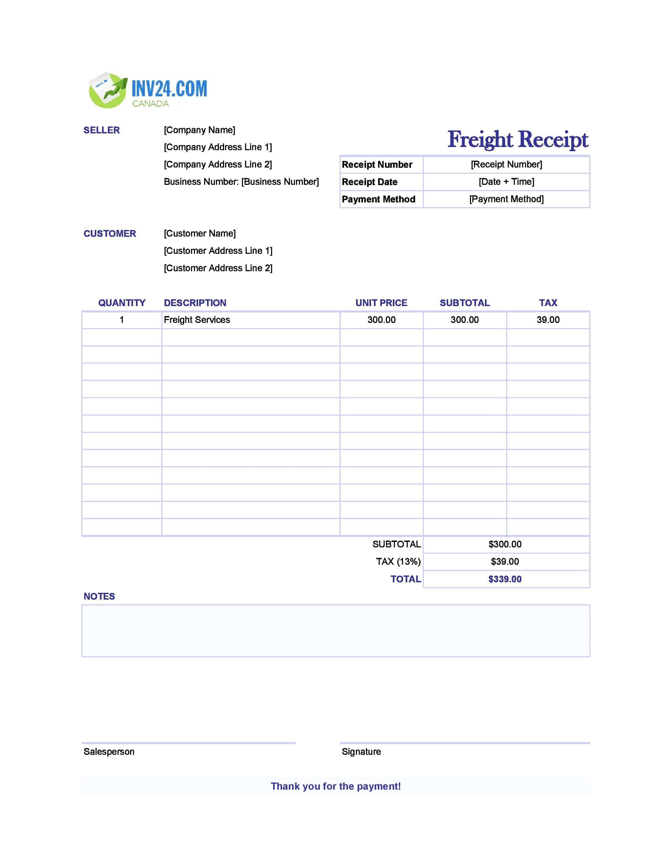 Freight Receipt Template for Canada (Excel / Google Sheets)
