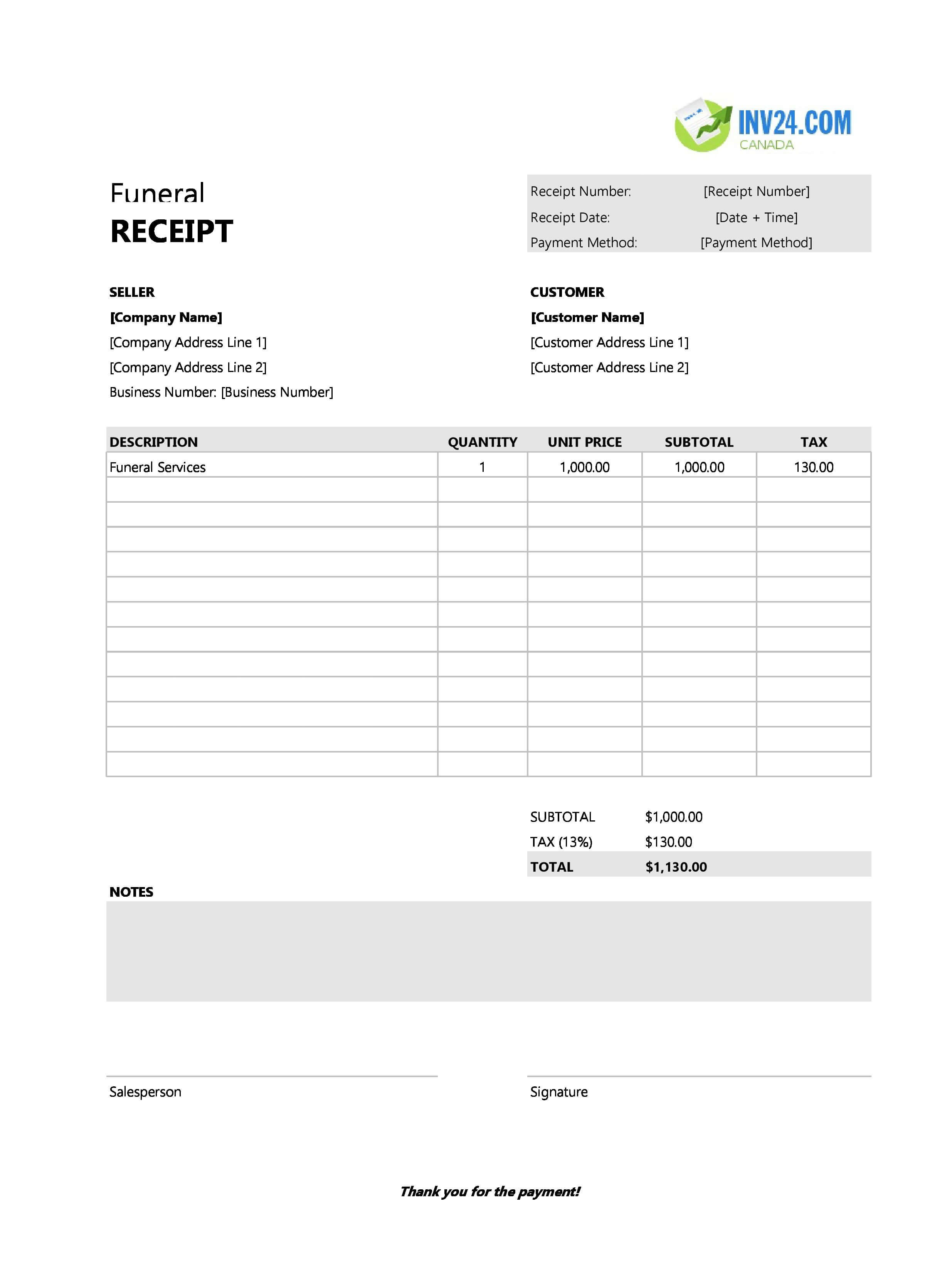 Funeral Receipt Template for Canada (Excel / Google Sheets)