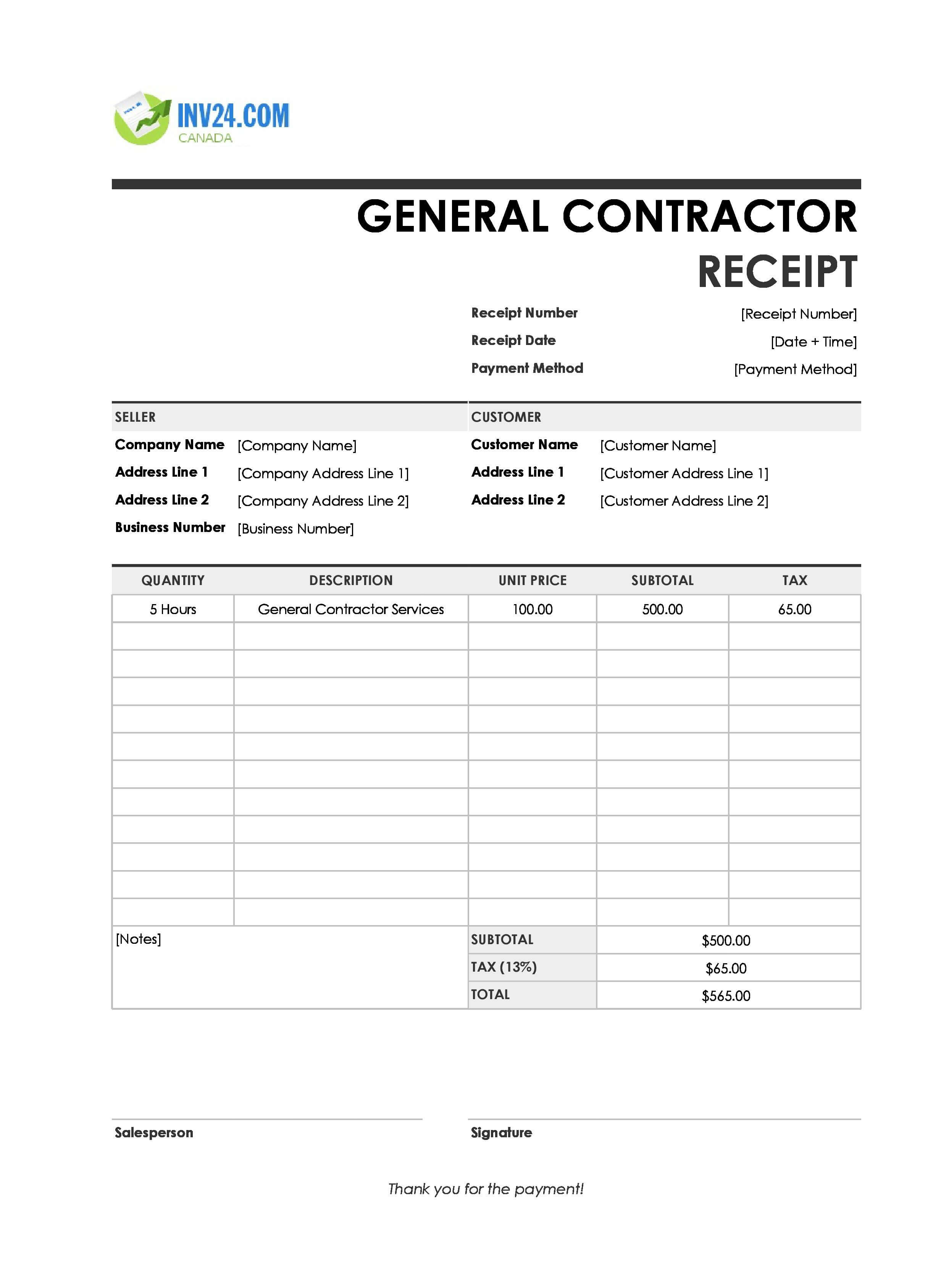 General Contractor Receipt Template for Canada (Excel / Google Sheets)
