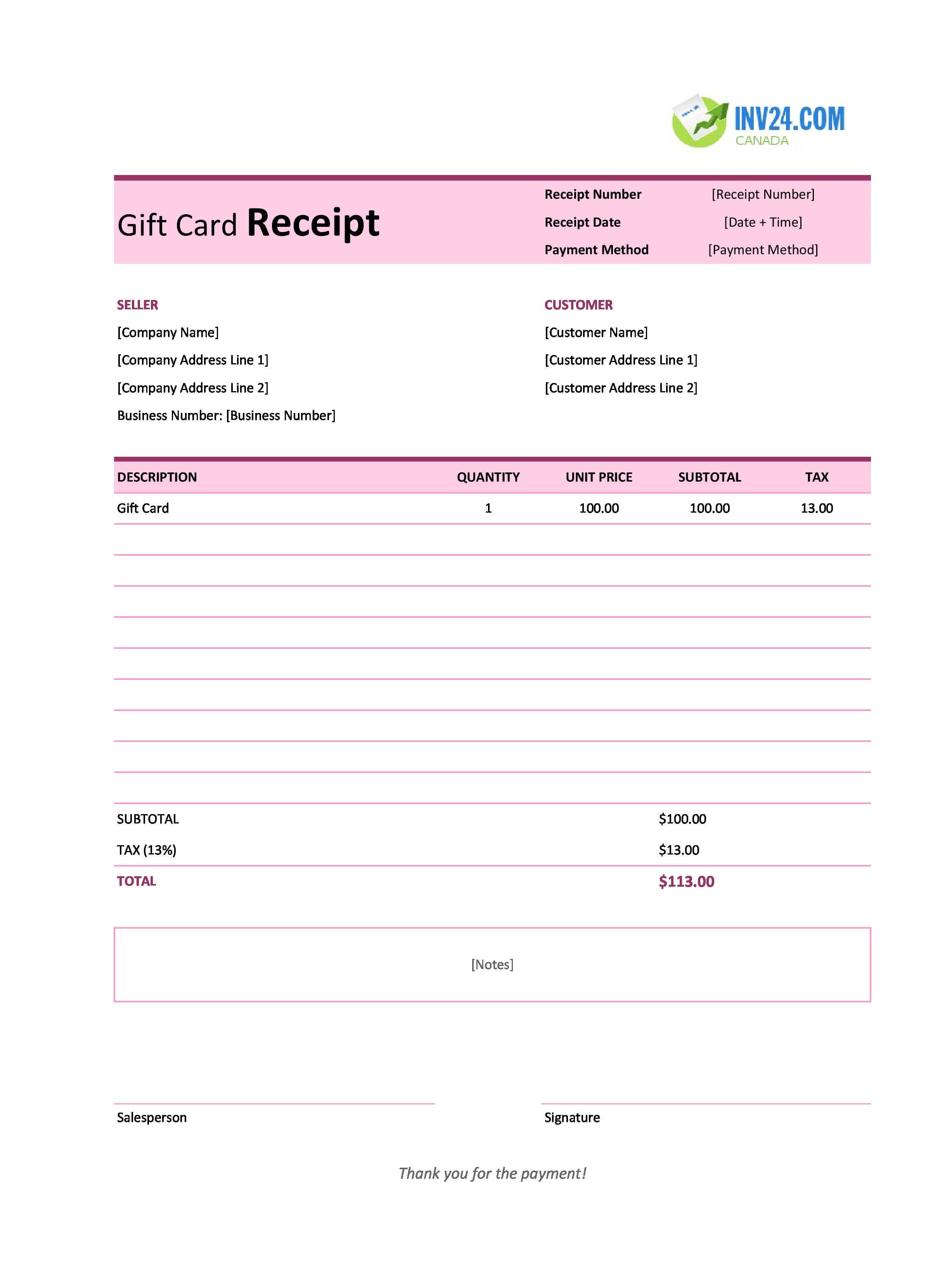Gift Card Receipt Template for Canada (Excel / Google Sheets)