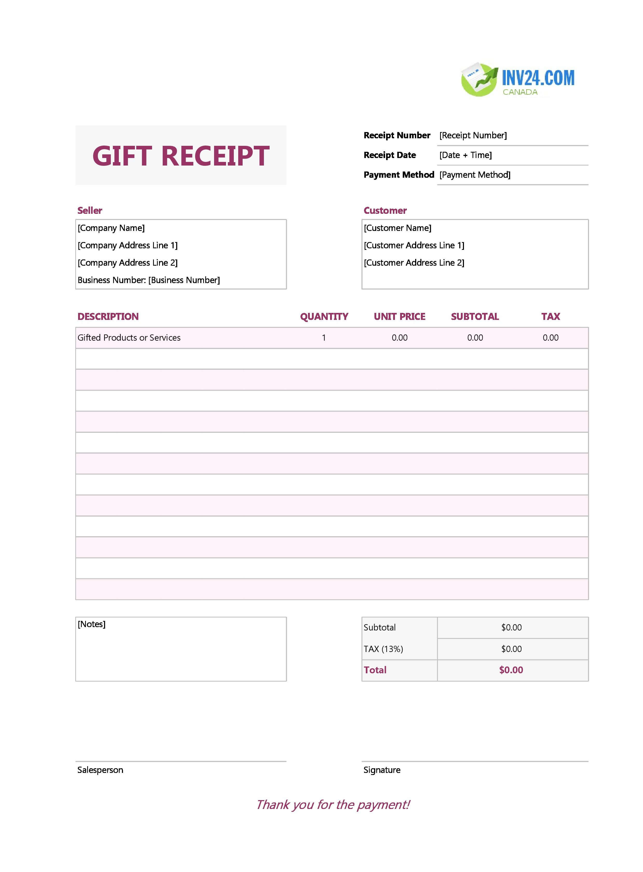 Gift Receipt Template for Canada (Excel / Google Sheets)