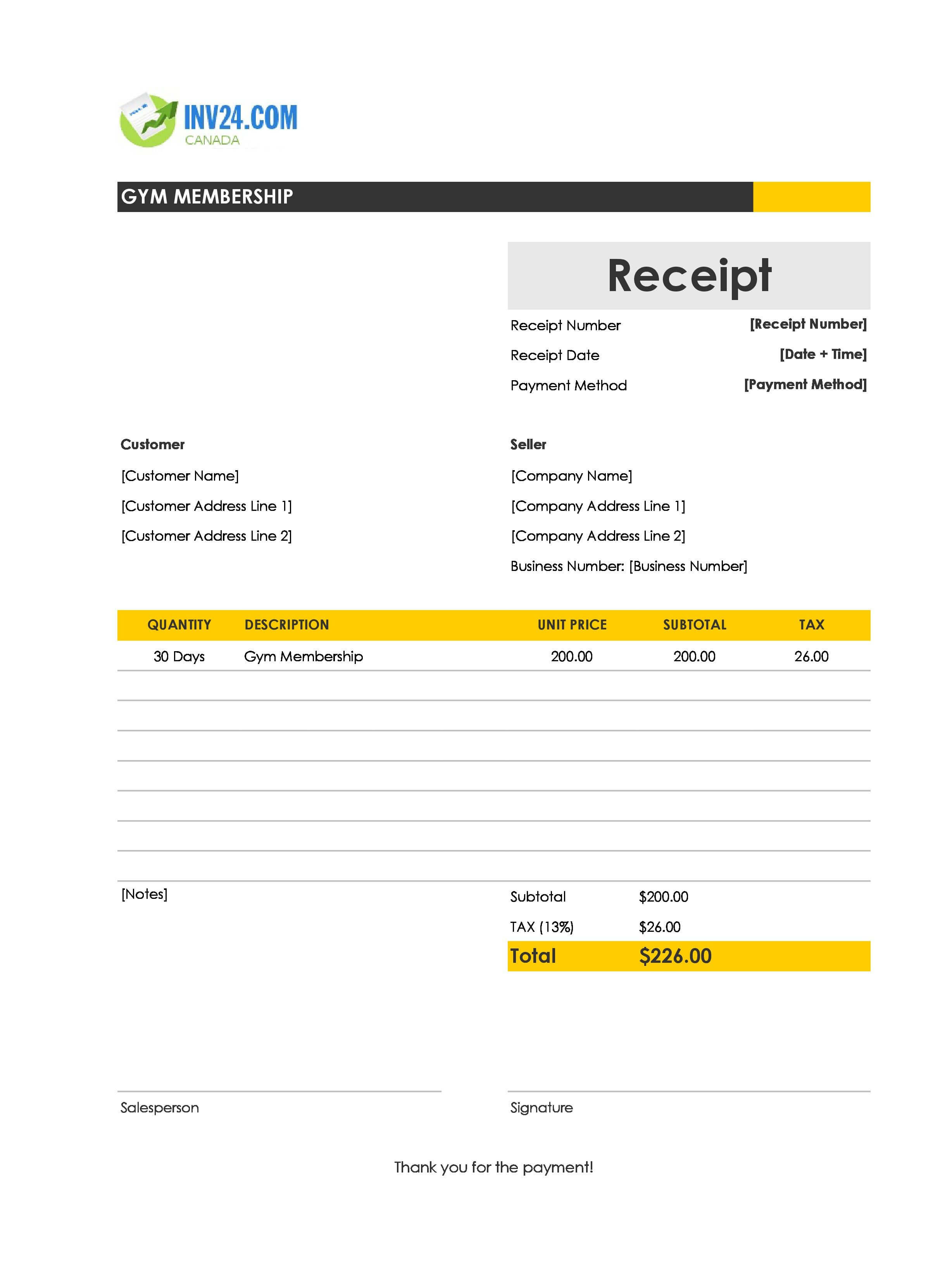 Gym Membership Receipt Template for Canada (Excel / Google Sheets)