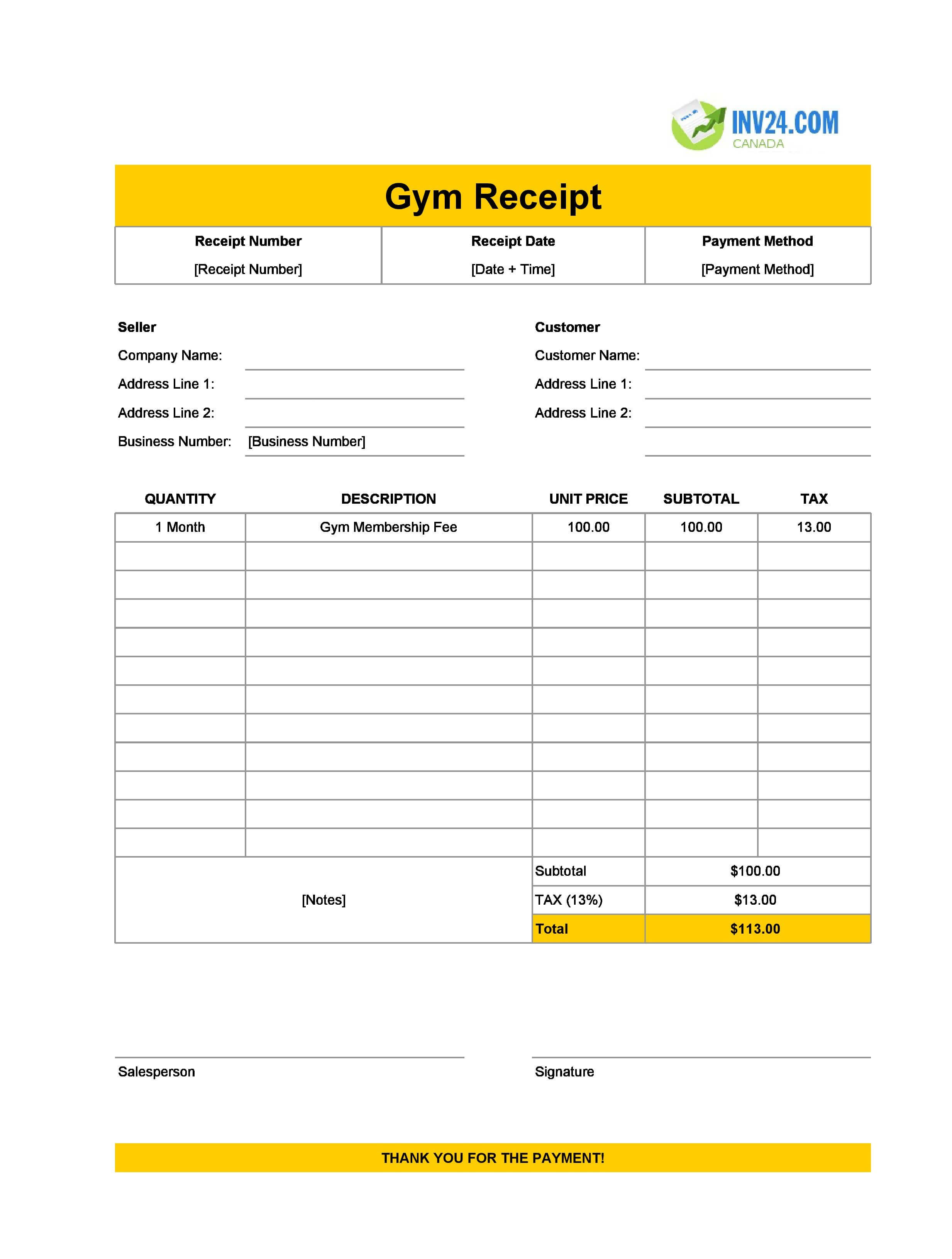 Gym Receipt Template for Canada (Excel / Google Sheets)