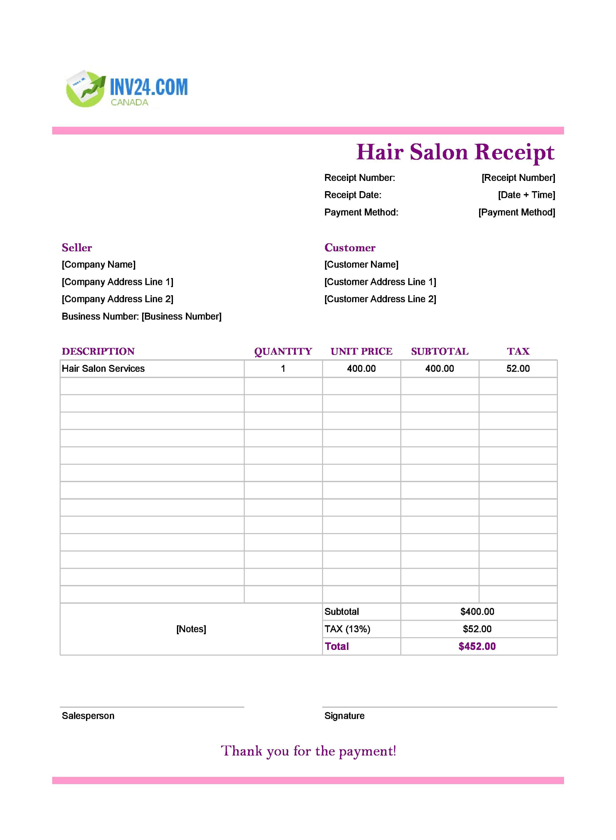 Hair Salon Receipt Template for Canada (Excel / Google Sheets)