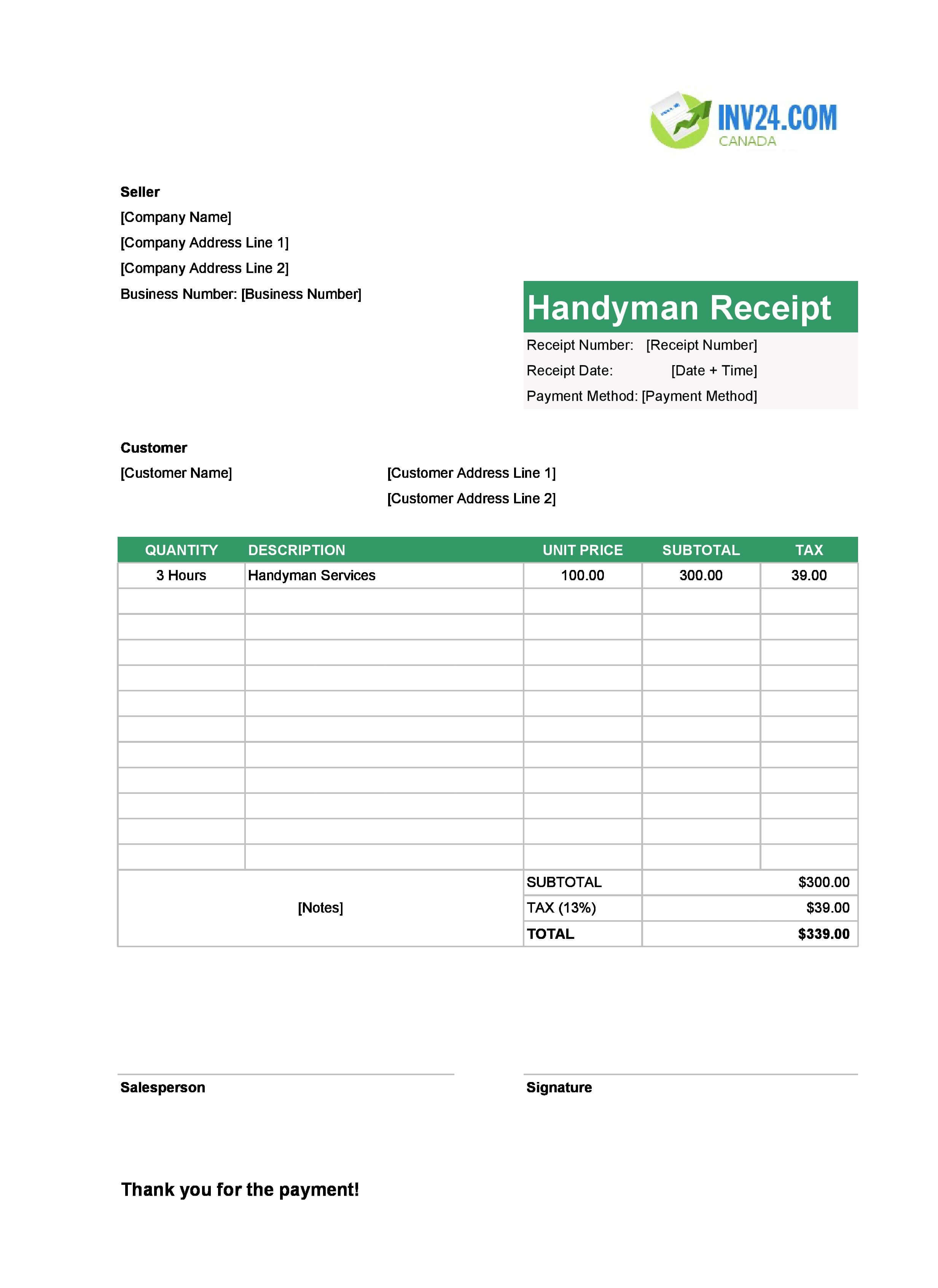 Handyman Receipt Template for Canada (Excel / Google Sheets)