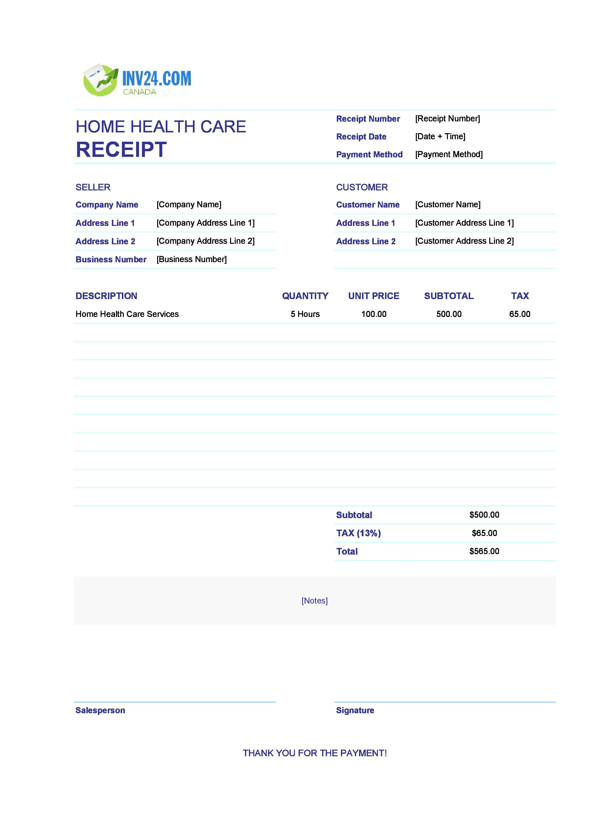 Home Health Care Receipt Template for Canada (Excel / Google Sheets)