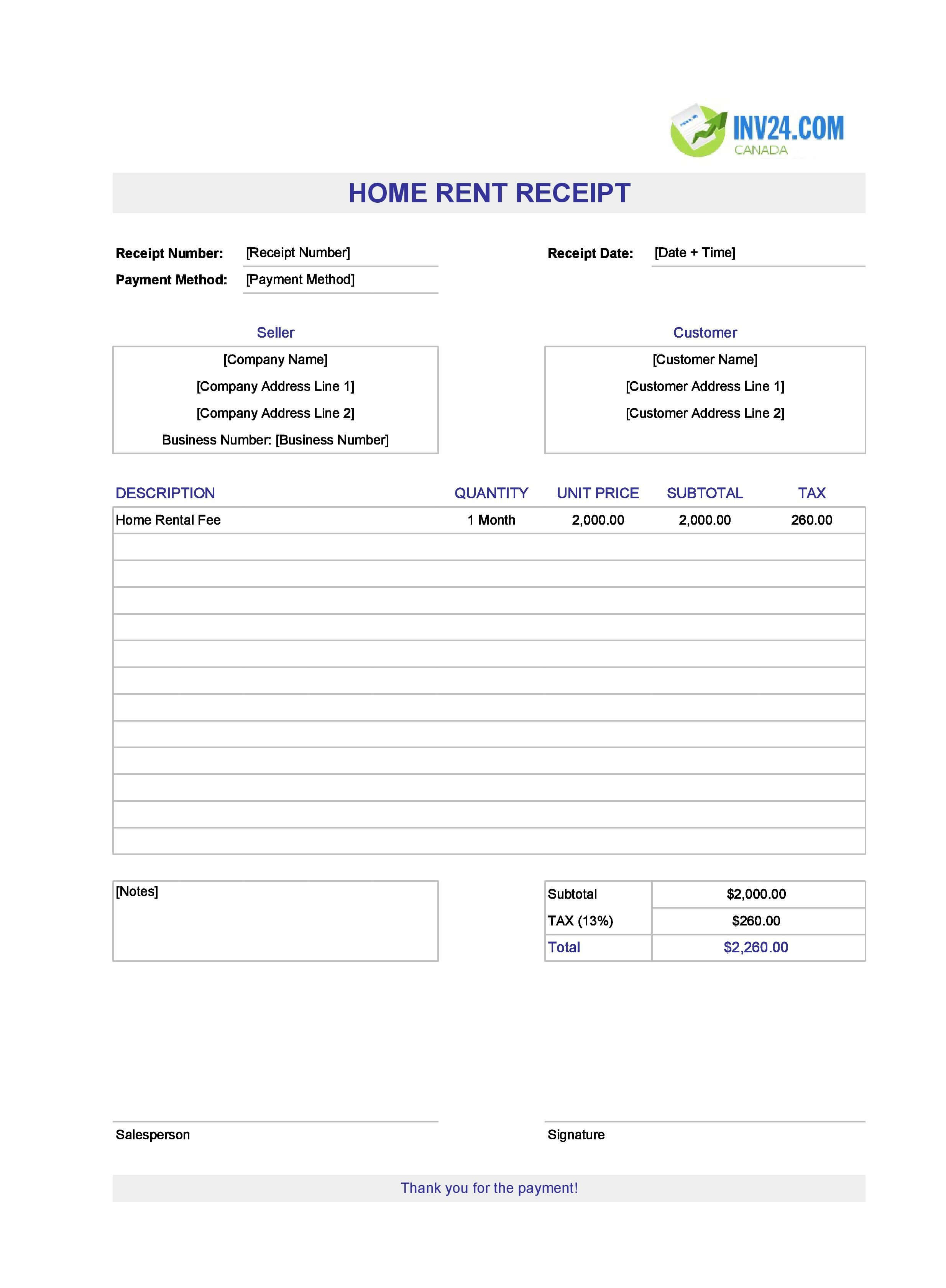 Home Rent Receipt Template for Canada (Excel / Google Sheets)