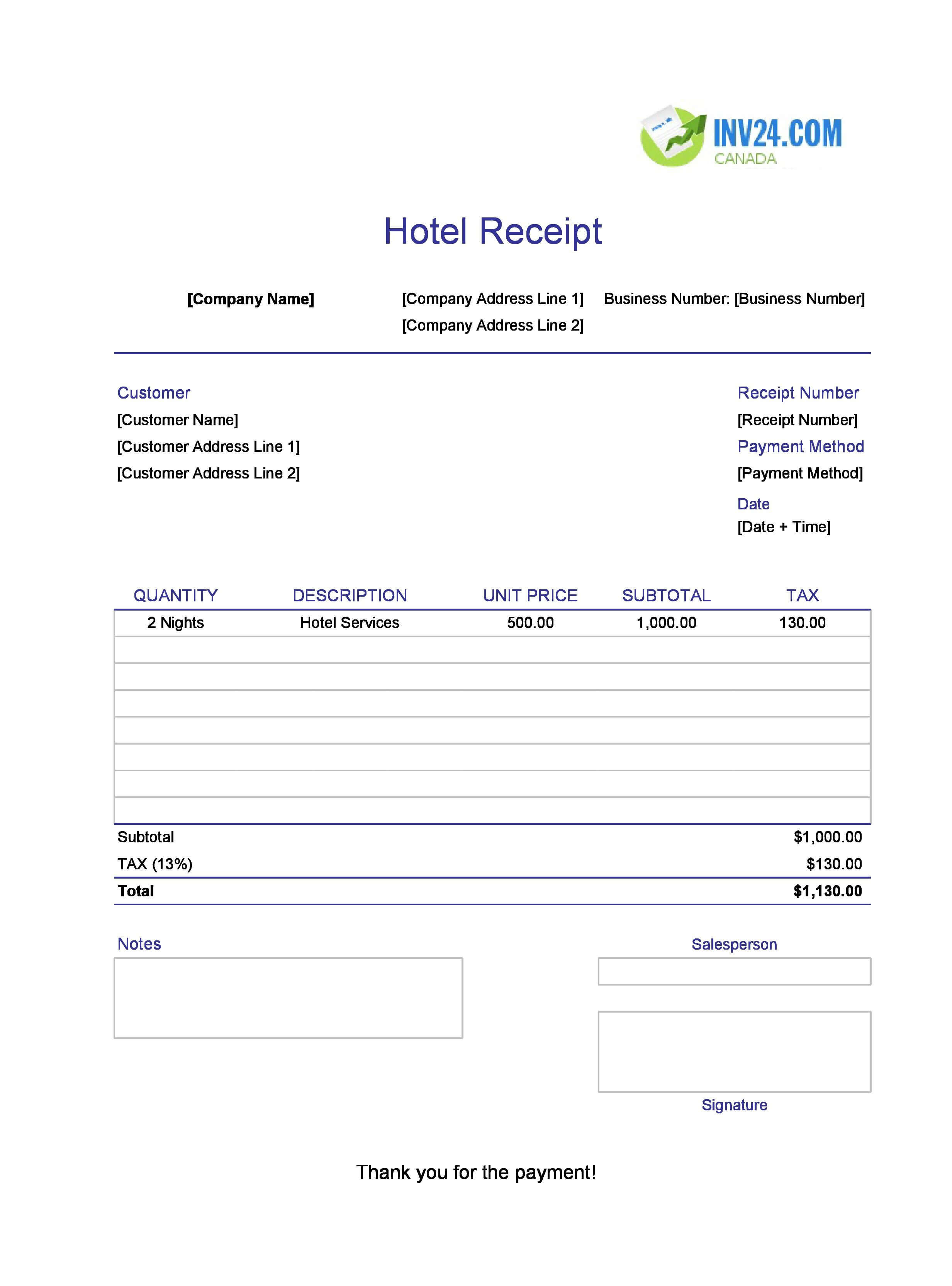 Hotel Receipt Template for Canada (Excel / Google Sheets)