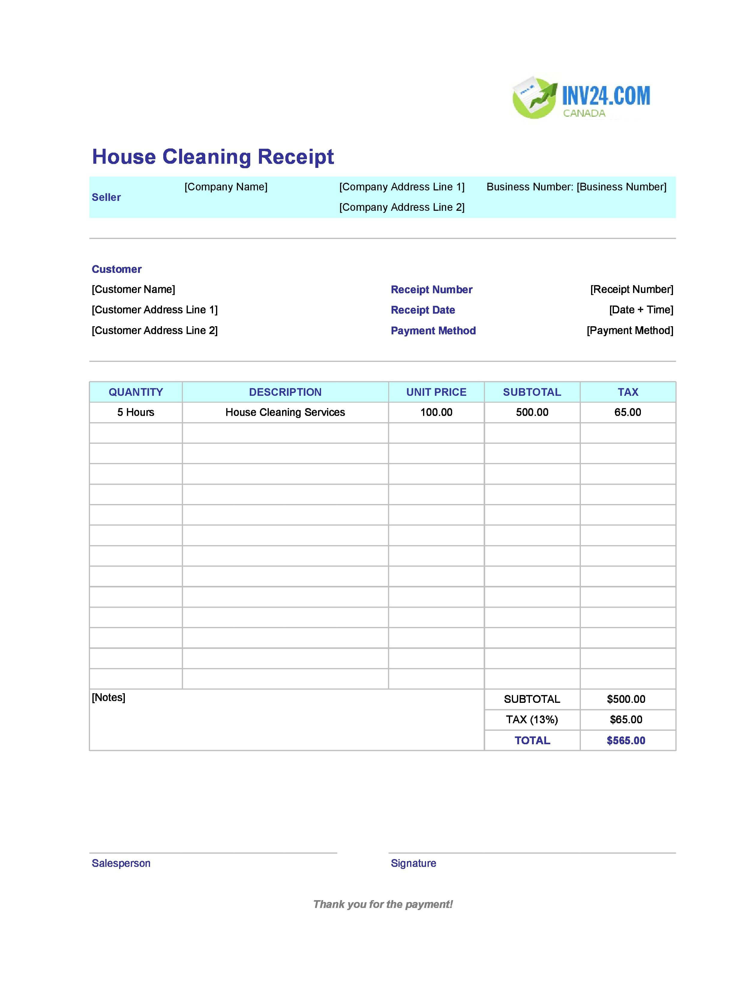 House Cleaning Receipt Template for Canada (Excel / Google Sheets)