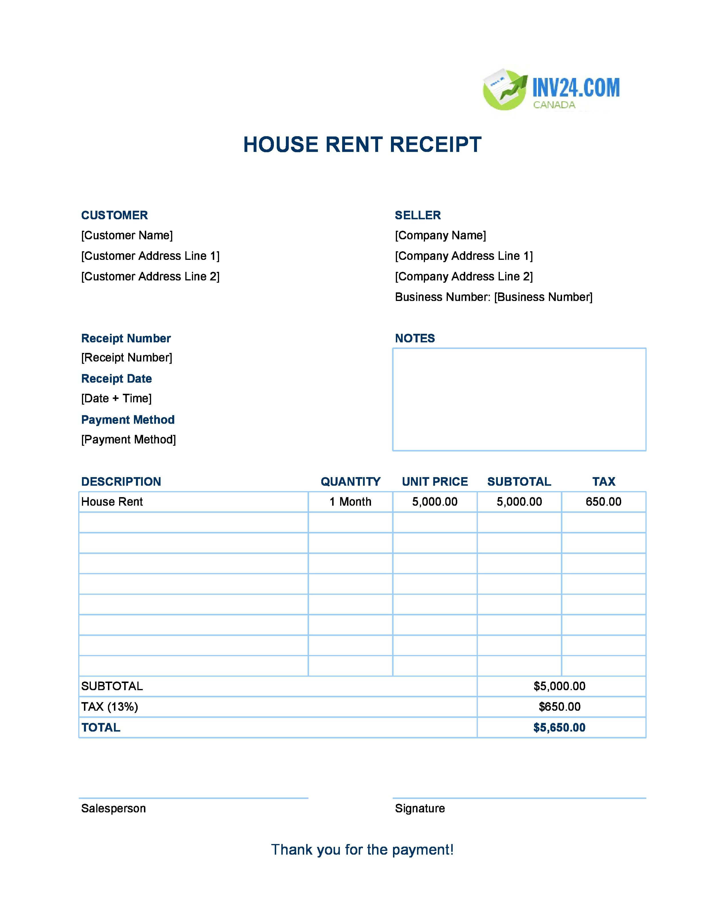 House Rent Receipt Template for Canada (Excel / Google Sheets)