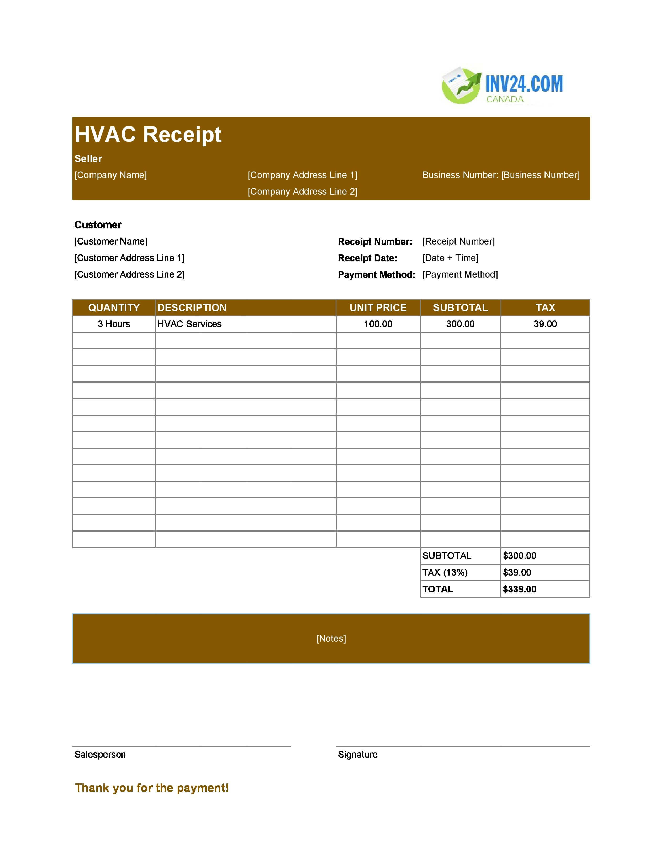 HVAC Receipt Template for Canada (Excel / Google Sheets)