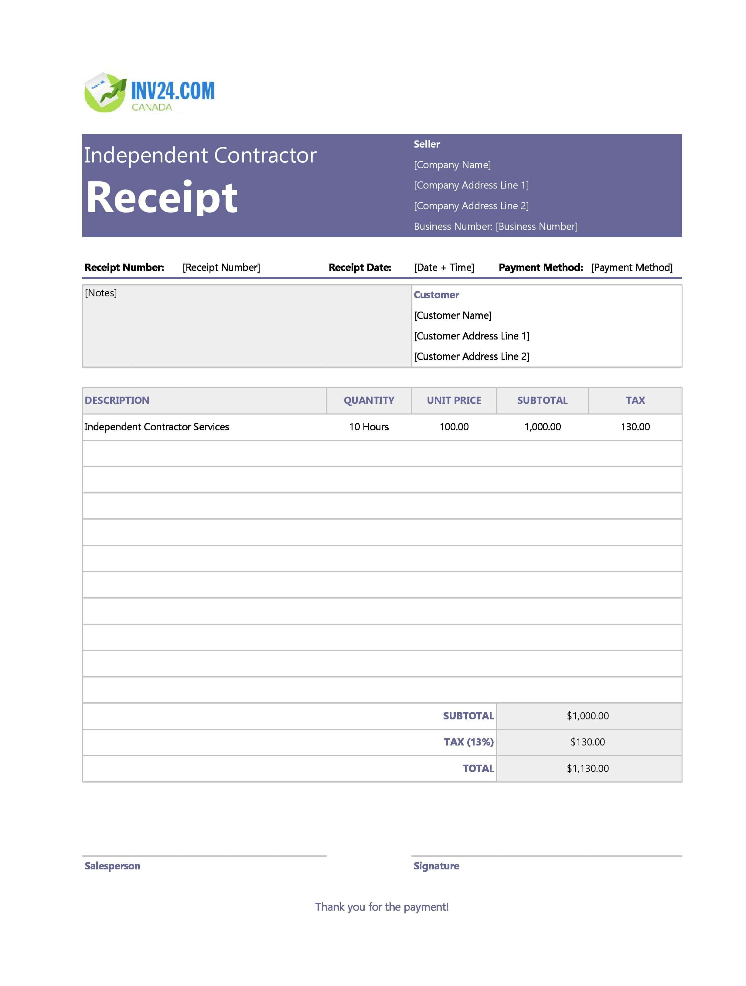 Independent Contractor Receipt Template for Canada (Excel / Google Sheets)