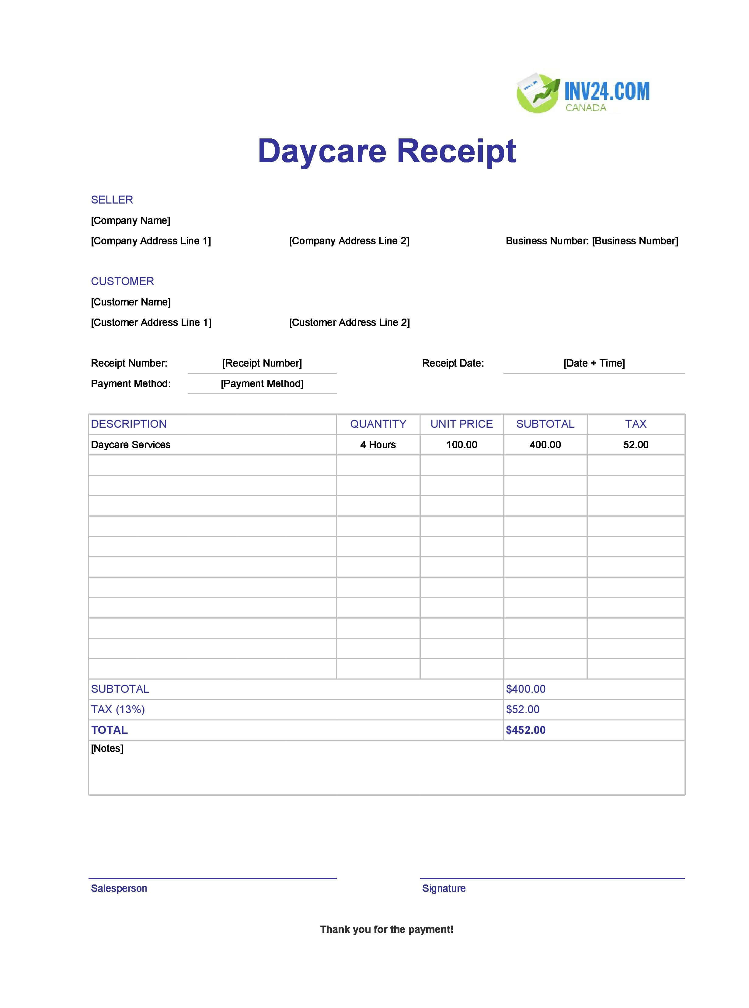 Itemized Daycare Receipt Template for Canada (Excel / Google Sheets)