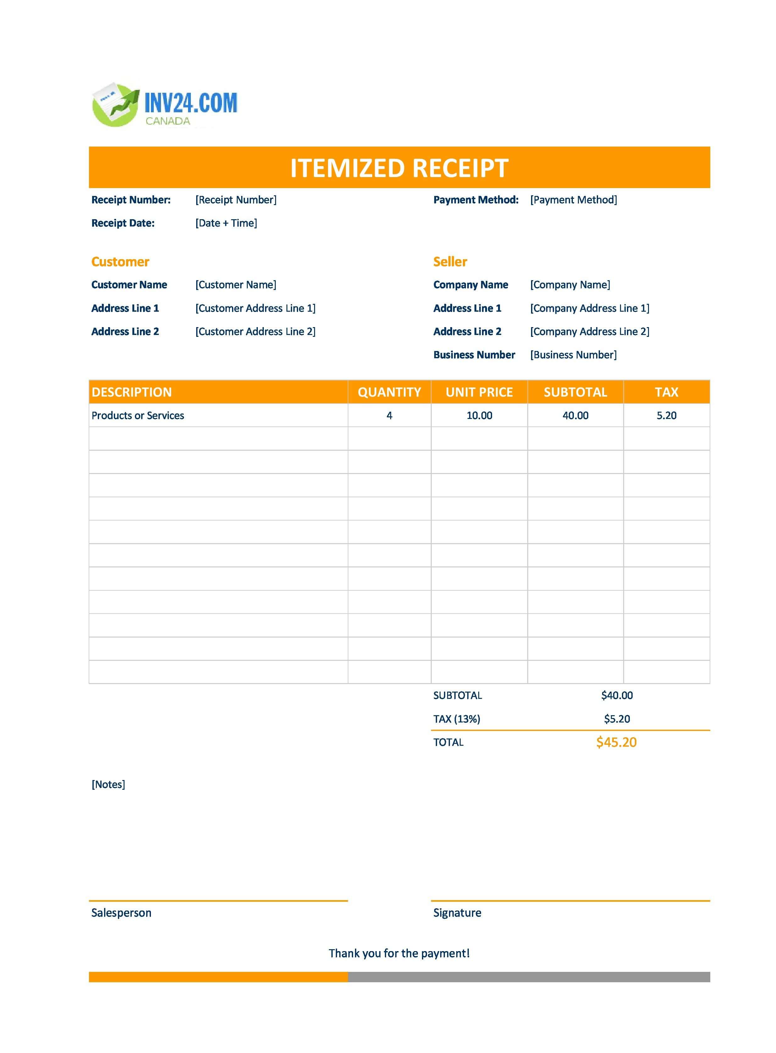 Itemized Receipt Template for Canada (Excel / Google Sheets)