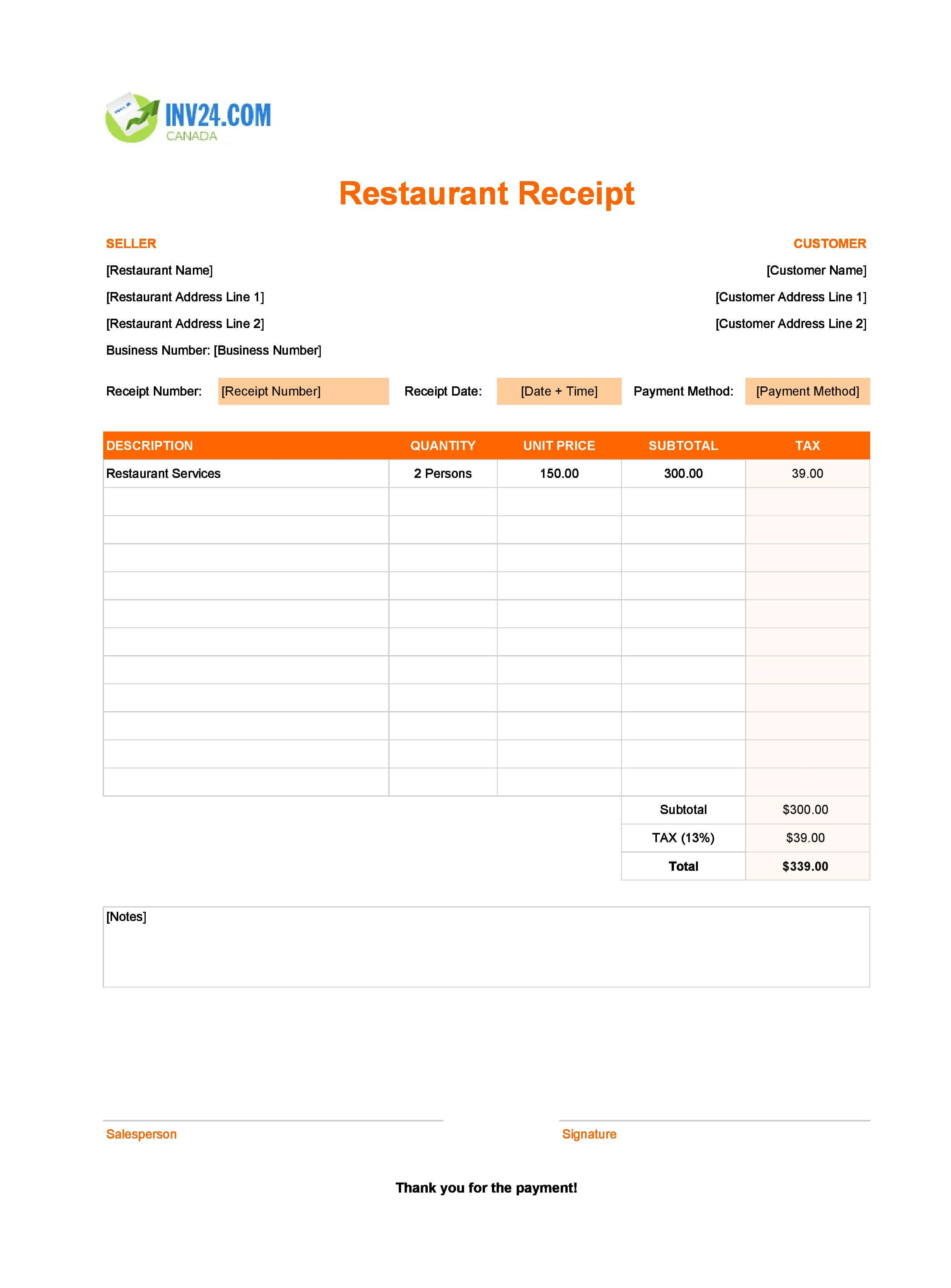 Itemized Restaurant Receipt Template for Canada (Excel / Google Sheets)