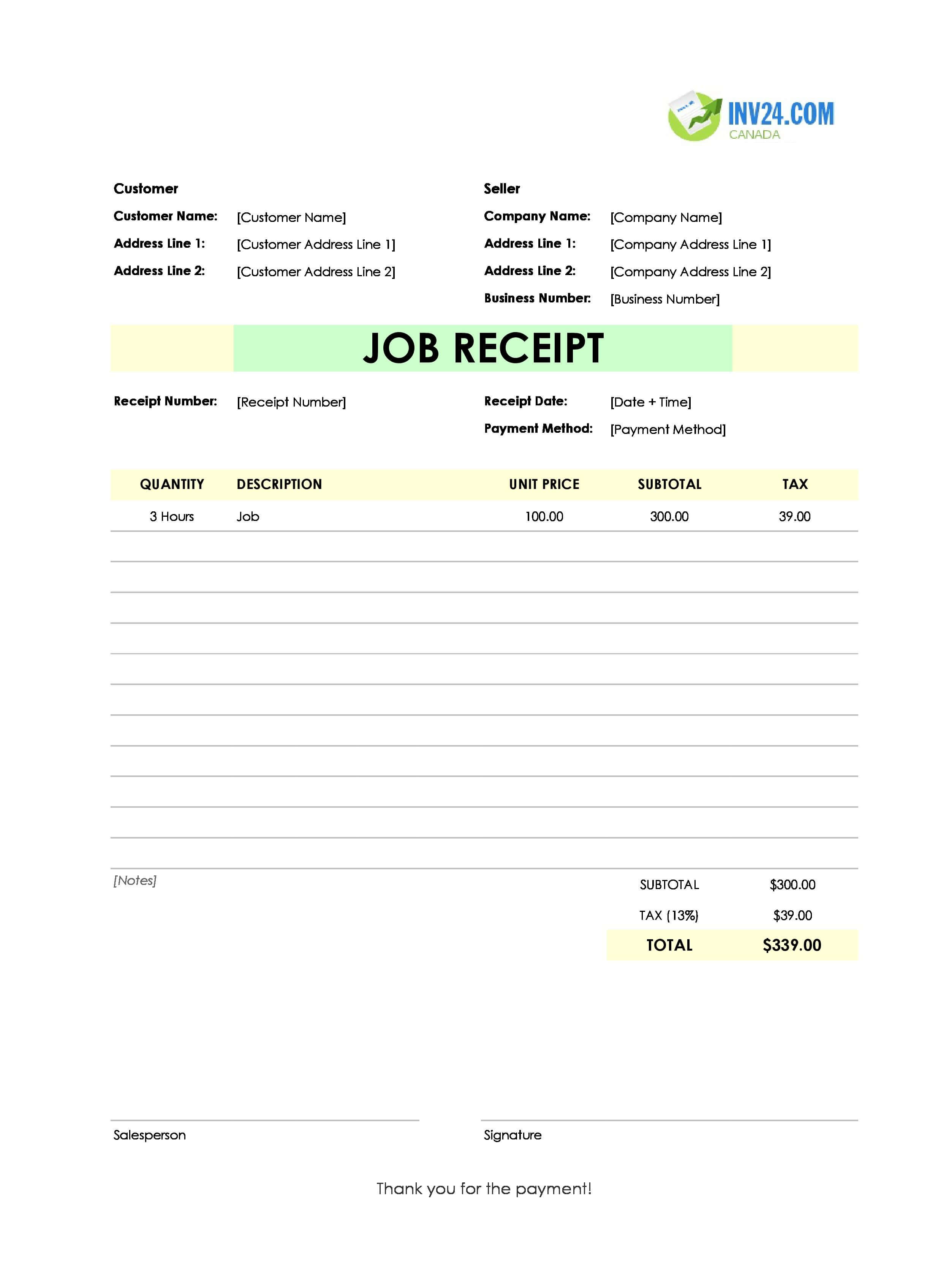 Job Receipt Template for Canada (Excel / Google Sheets)
