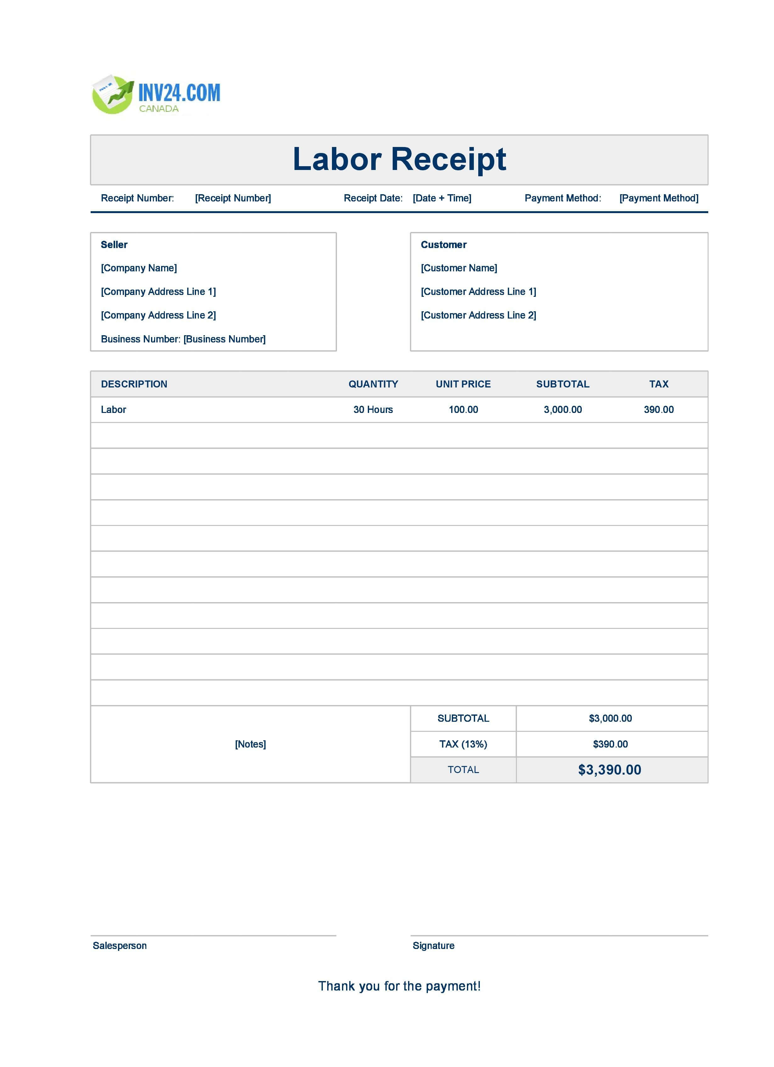 Labor Receipt Template for Canada (Excel / Google Sheets)