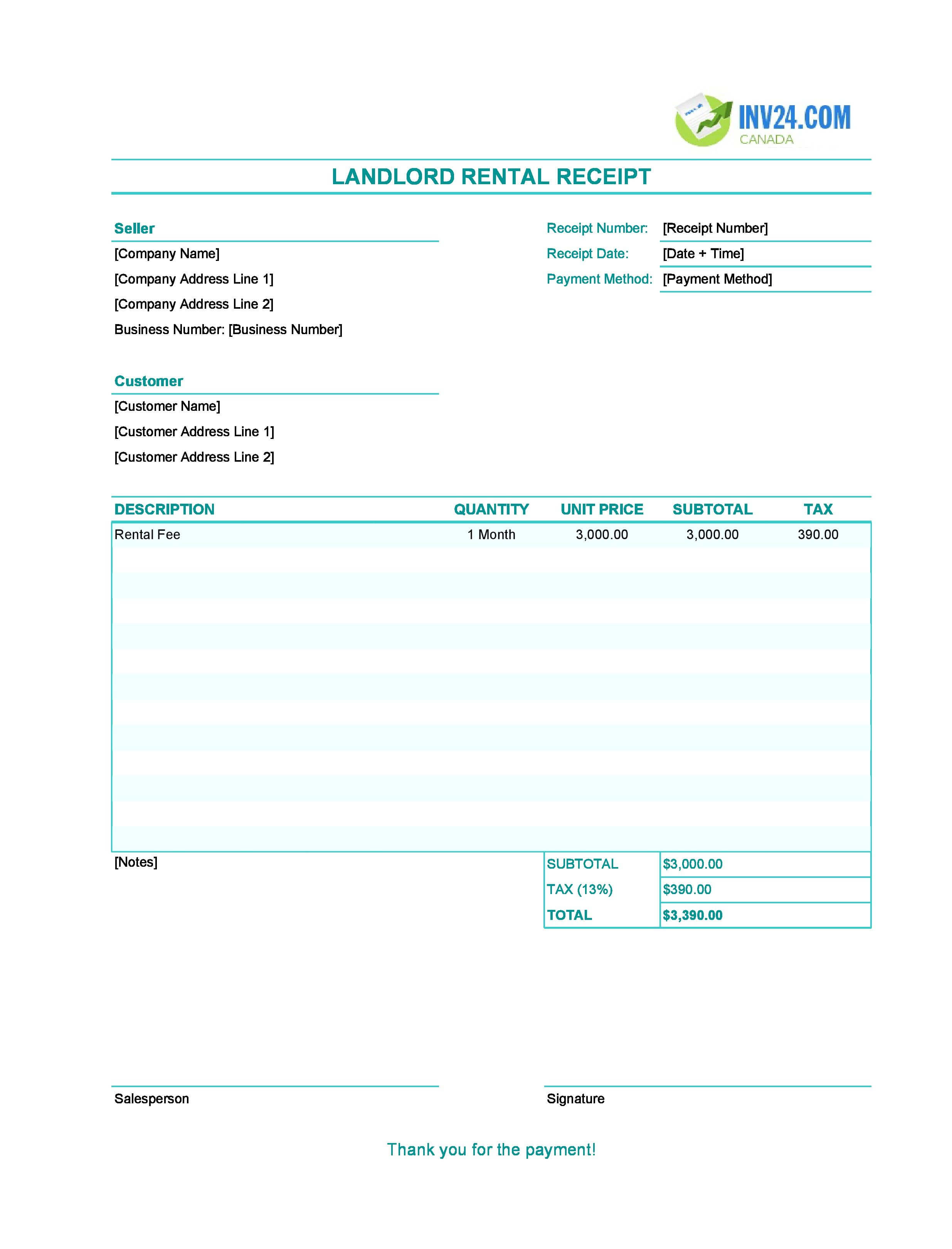 Landlord Rental Receipt Template for Canada (Excel / Google Sheets)