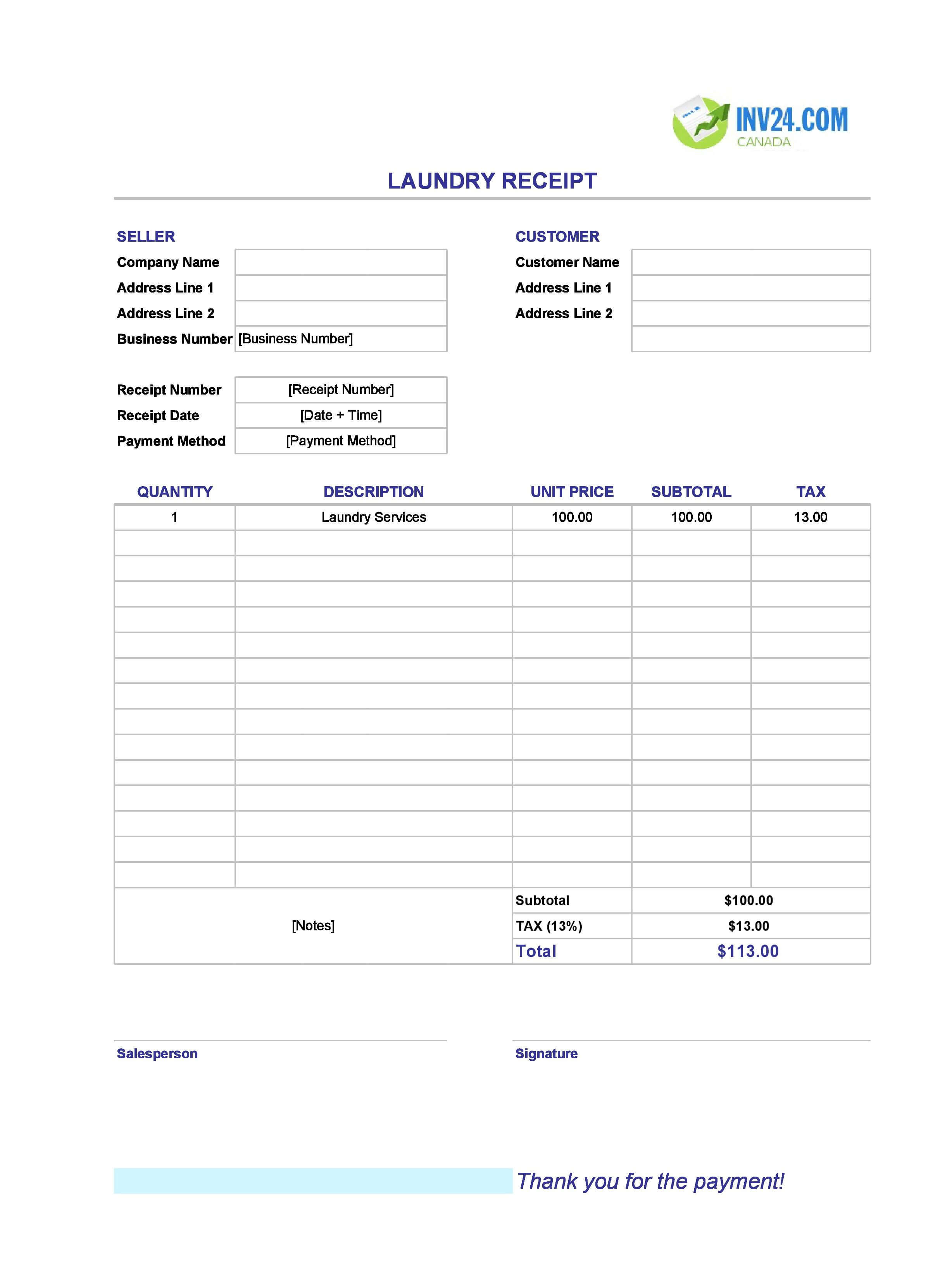 Laundry Receipt Template for Canada (Excel / Google Sheets)