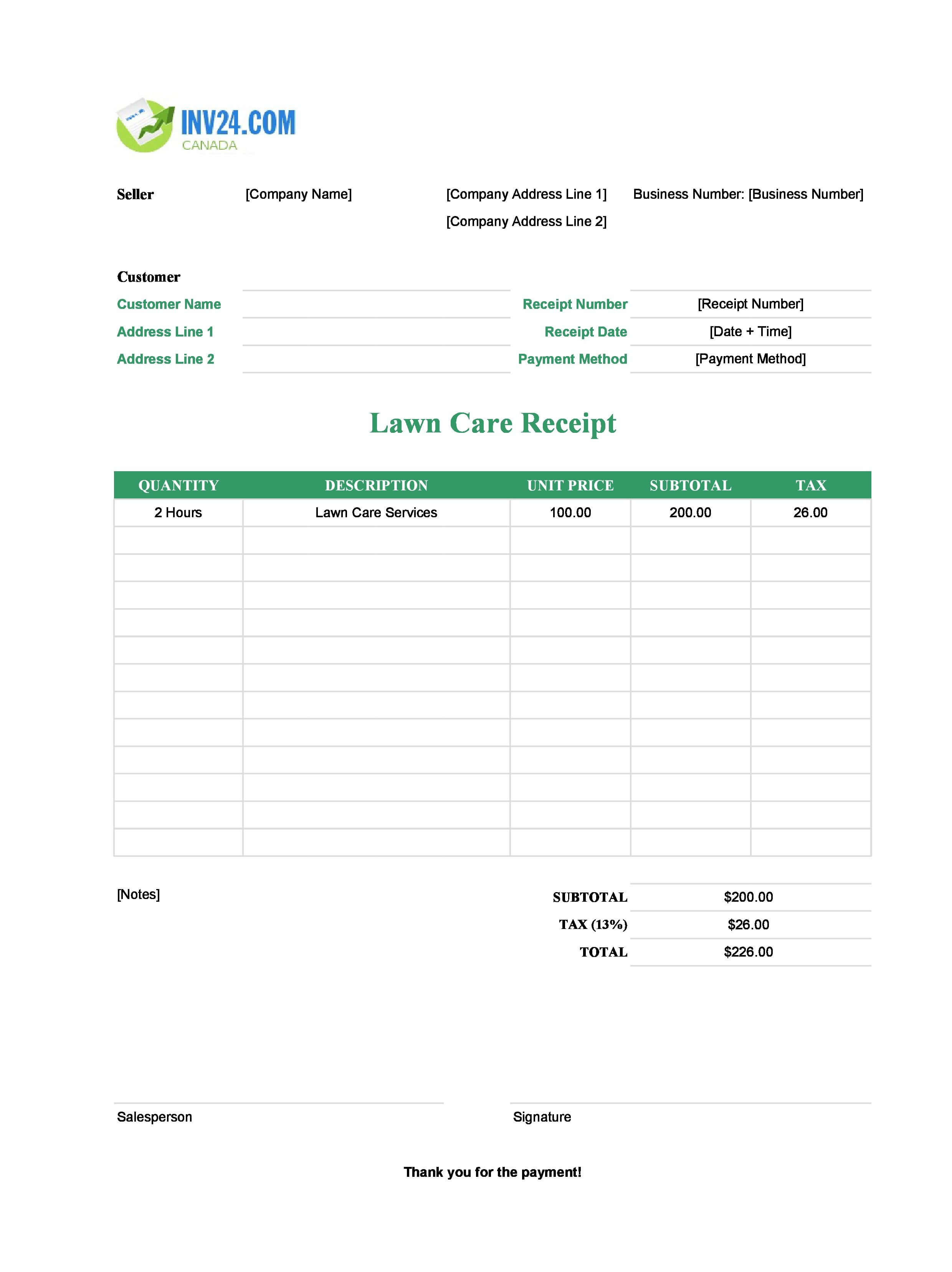 Lawn Care Receipt Template for Canada (Excel / Google Sheets)