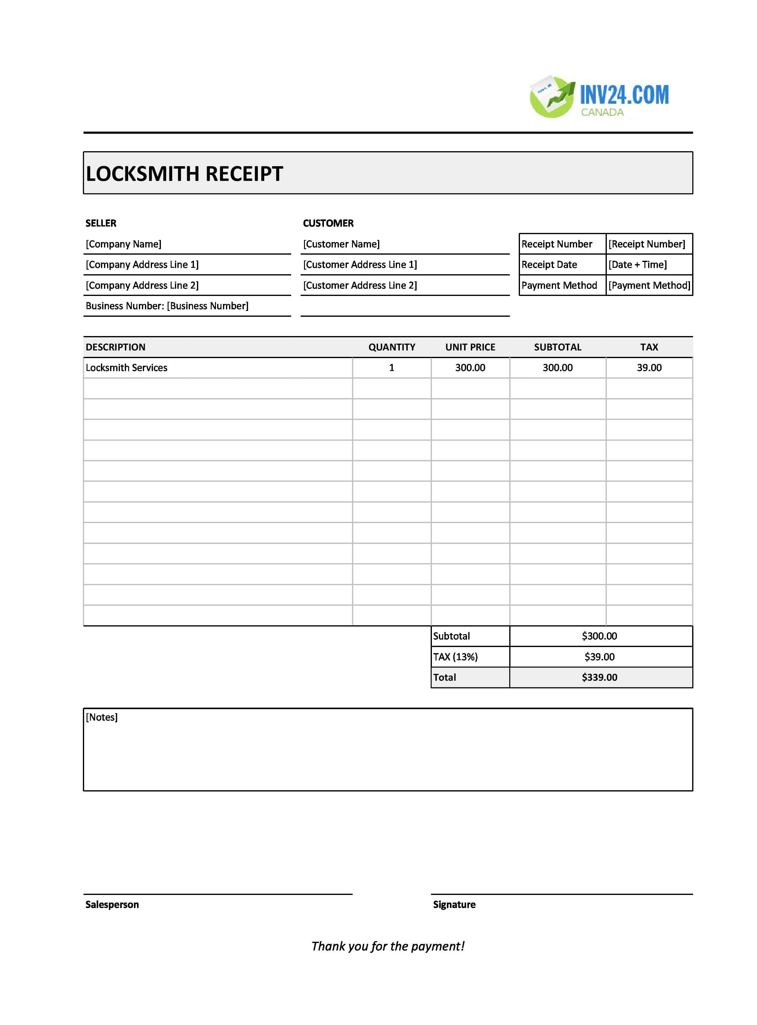 Locksmith Receipt Template for Canada (Excel / Google Sheets)