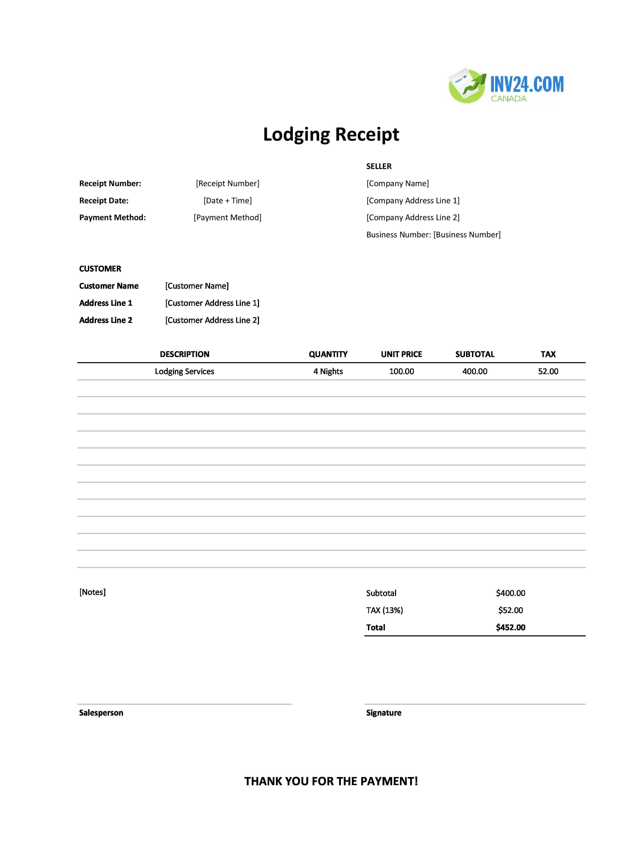 Lodging Receipt Template for Canada (Excel / Google Sheets)