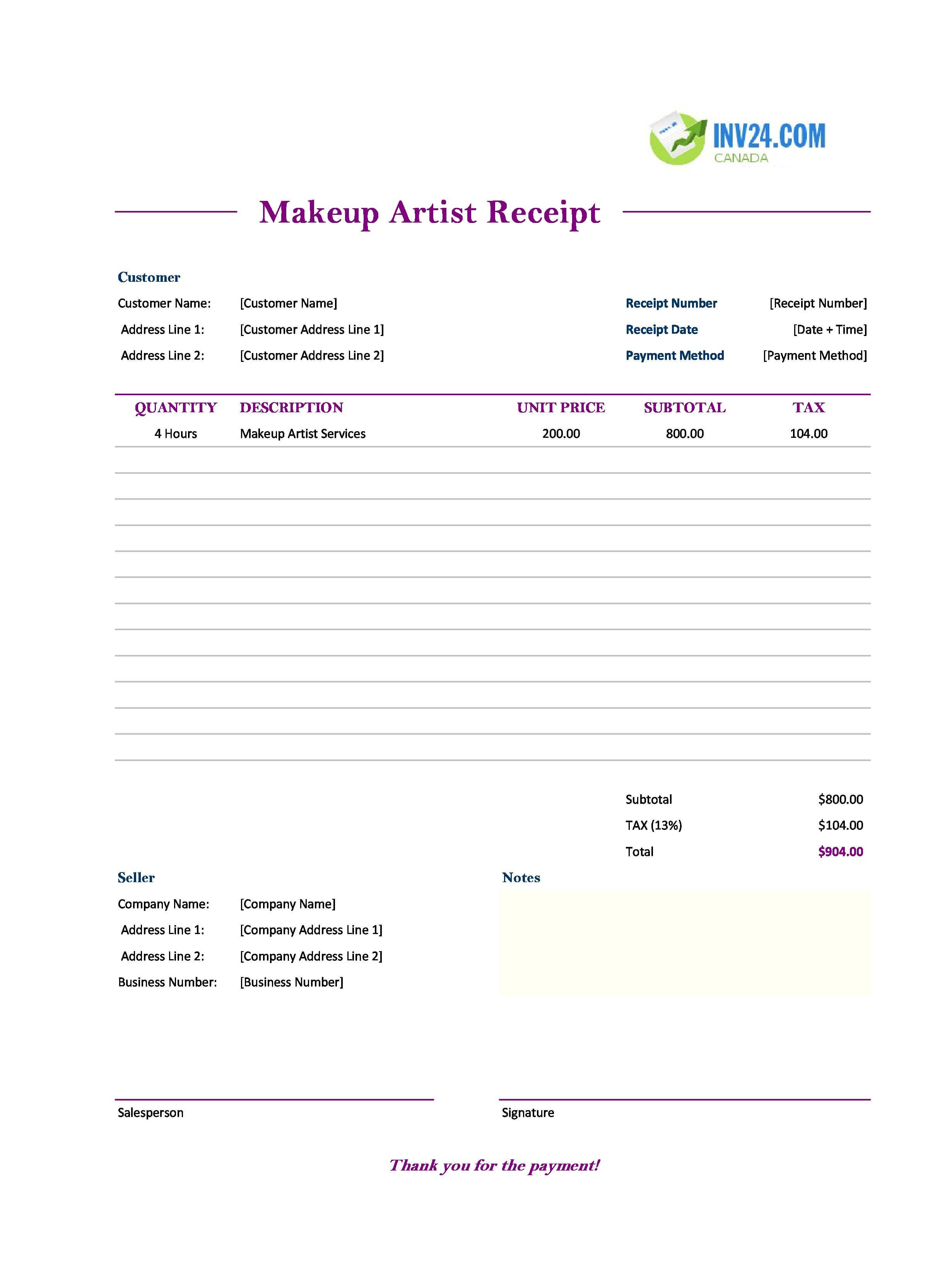 Makeup Artist Receipt Template for Canada (Excel / Google Sheets)