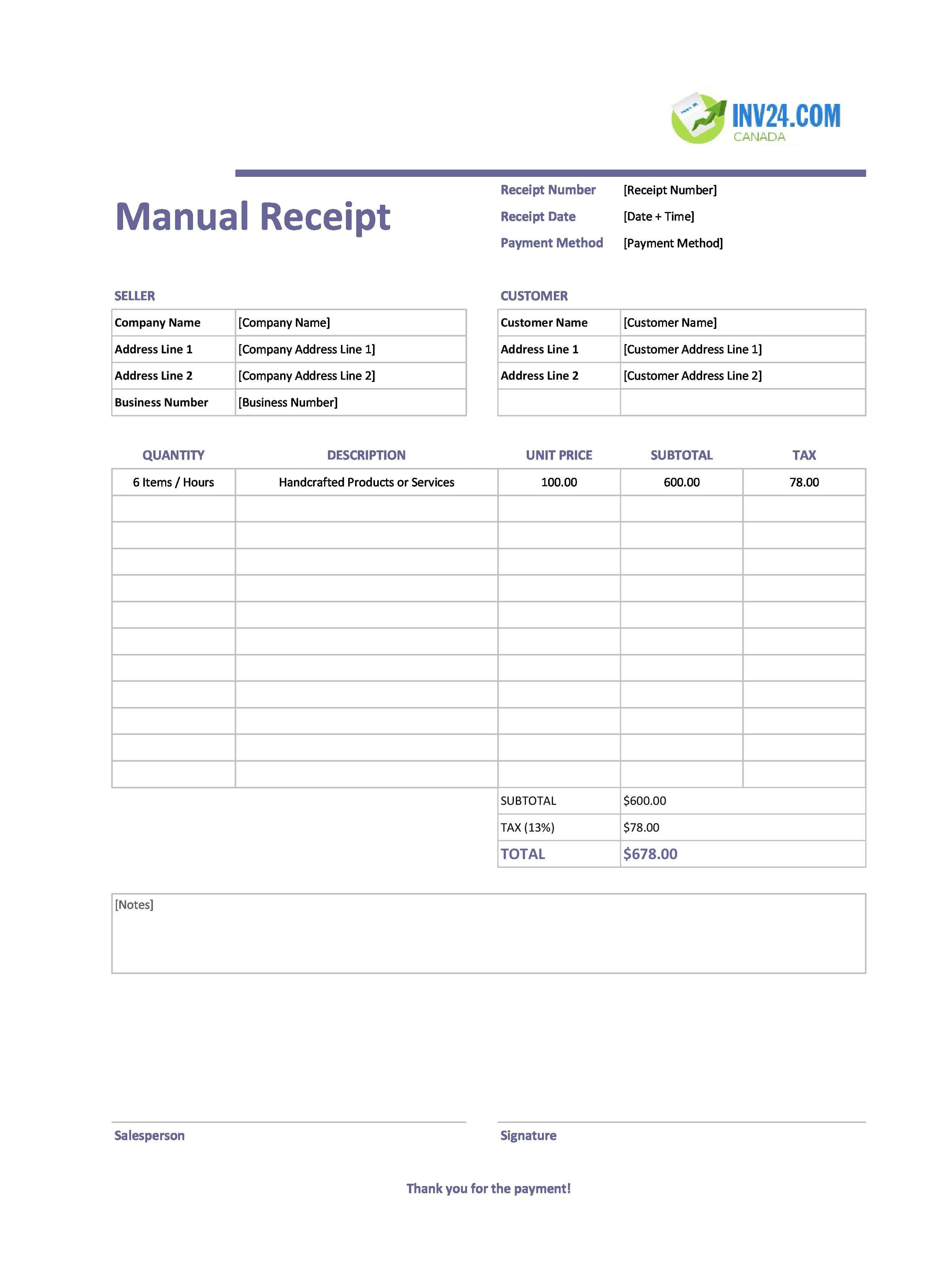 Manual Receipt Template for Canada (Excel / Google Sheets)