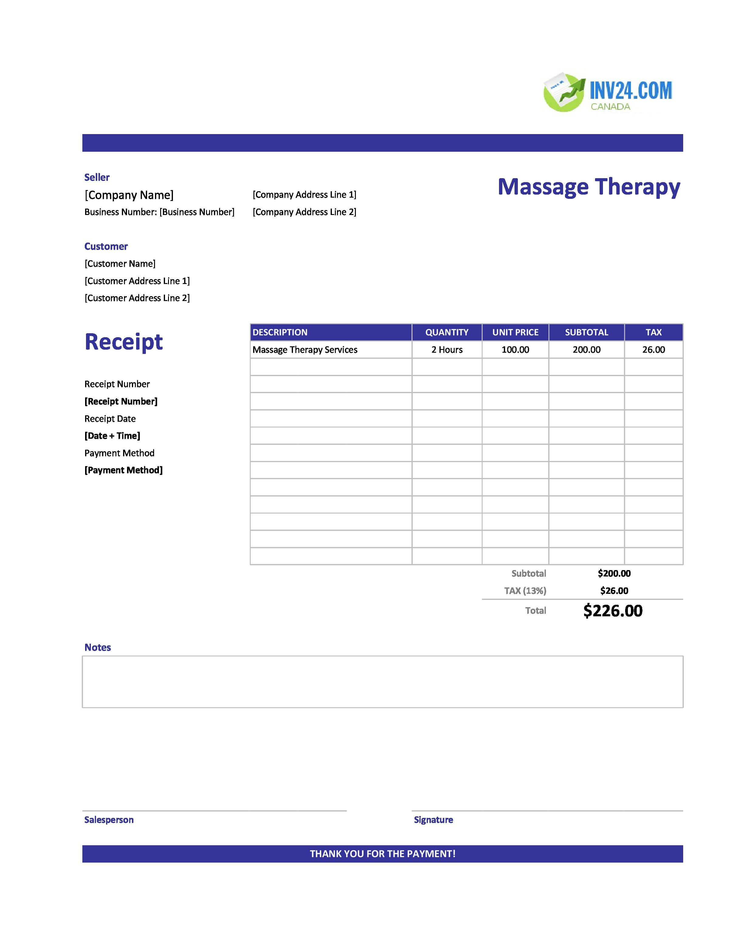 Massage Therapy Receipt Template for Canada (Excel / Google Sheets)