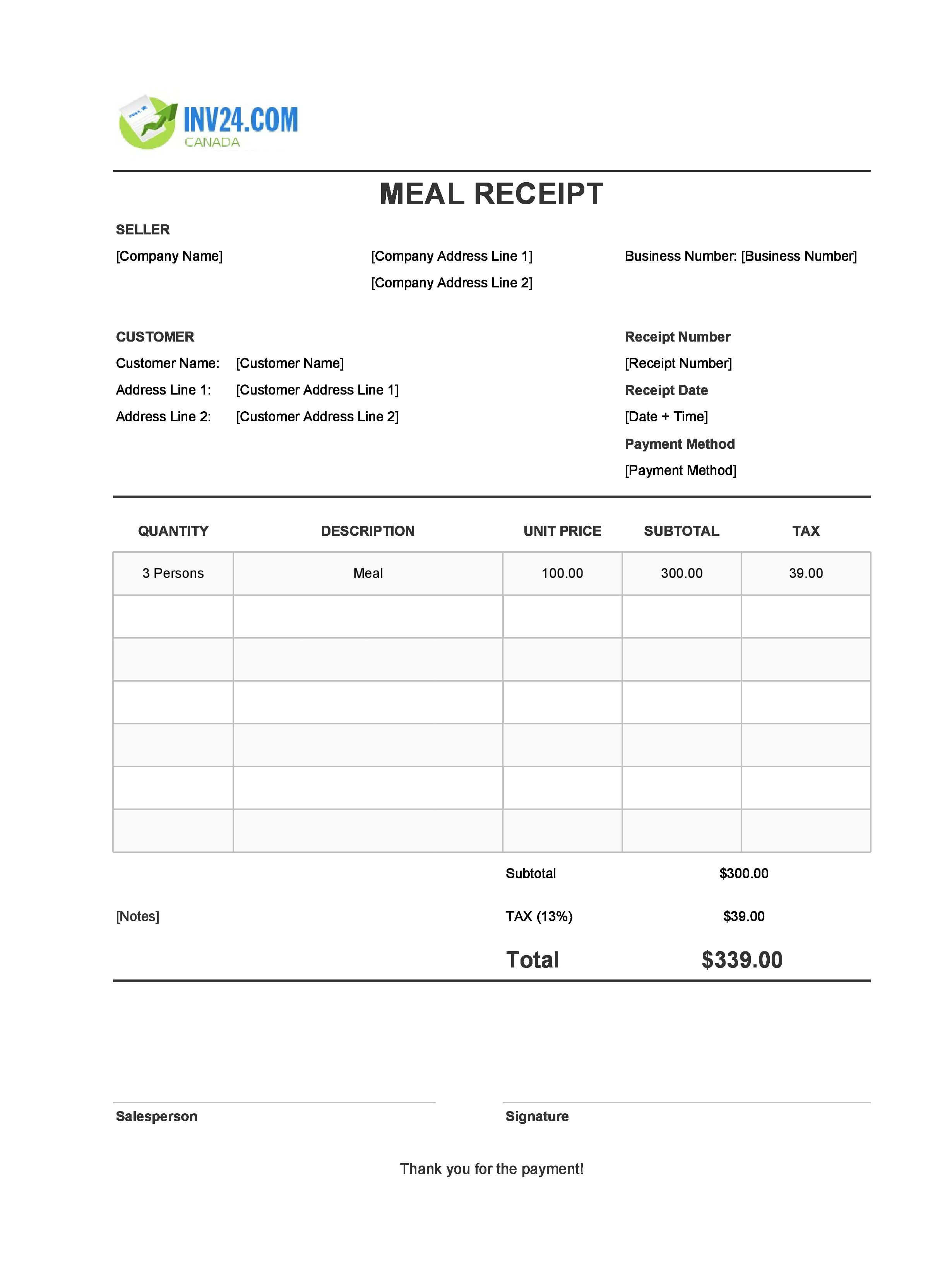 Meal Receipt Template for Canada (Excel / Google Sheets)