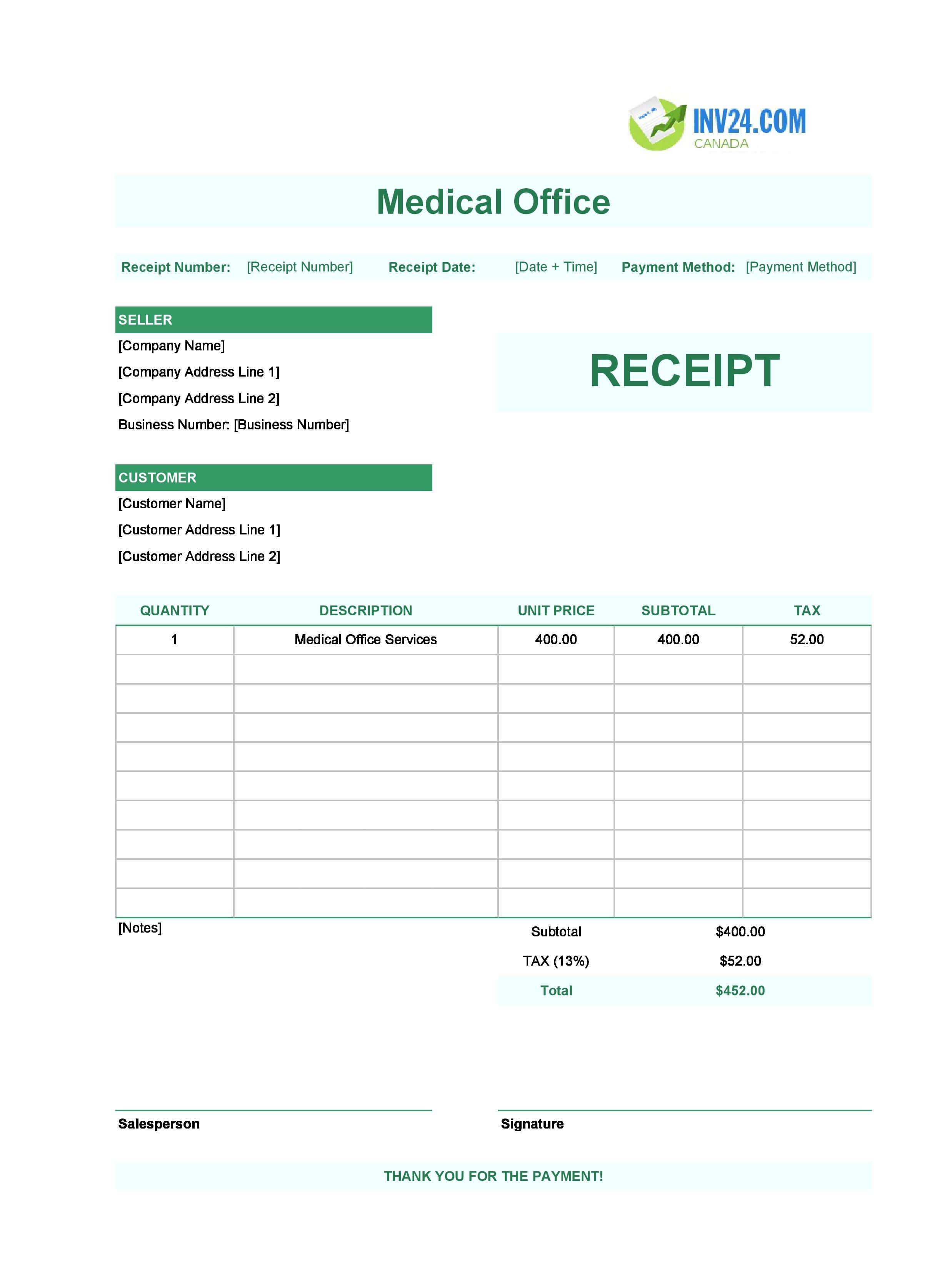 Medical Office Receipt Template for Canada (Excel / Google Sheets)