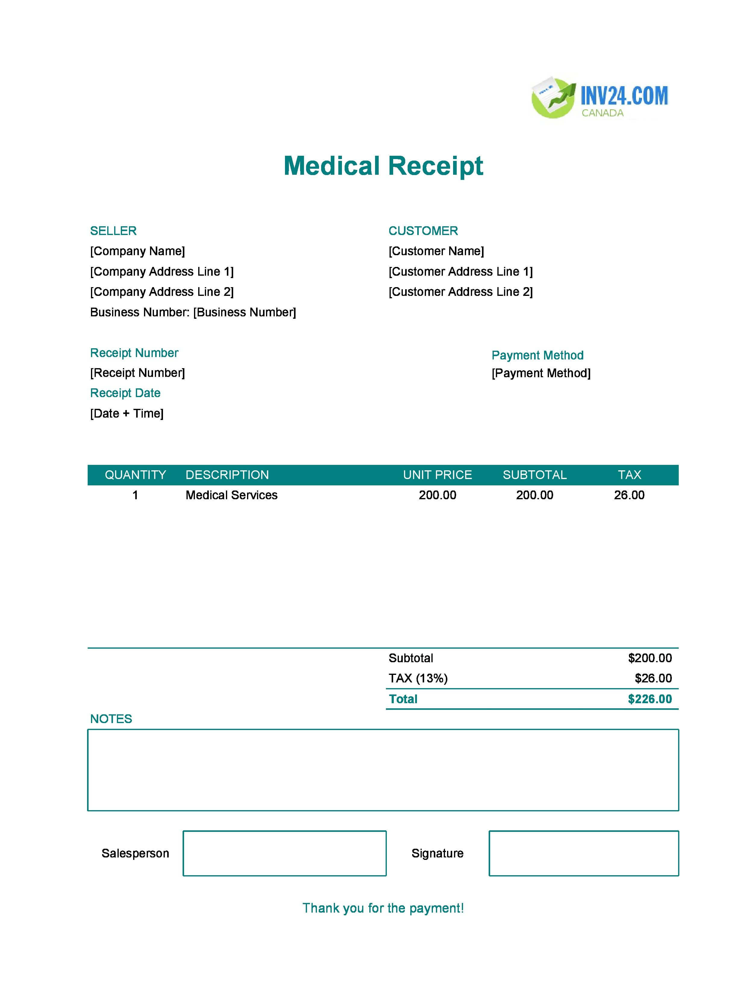 Medical Receipt Template for Canada (Excel / Google Sheets)